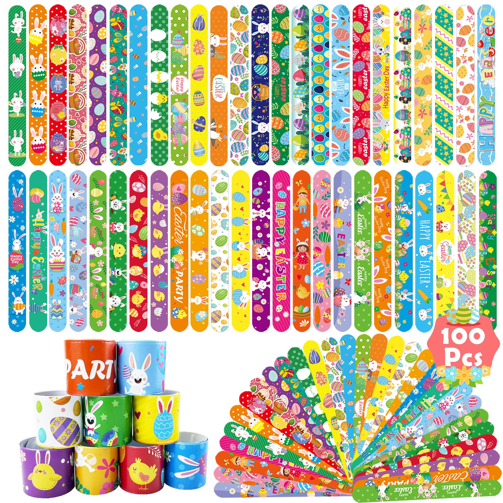 Photo 1 of 100Pcs Easter Slap Bracelets, Easter Basket Stuffers Party Favors Snap Wristbands for Kids Egg Fillers Gifts Exchange Gifts, Egg Hunt Event, Classroom Prizes, School Supplies
