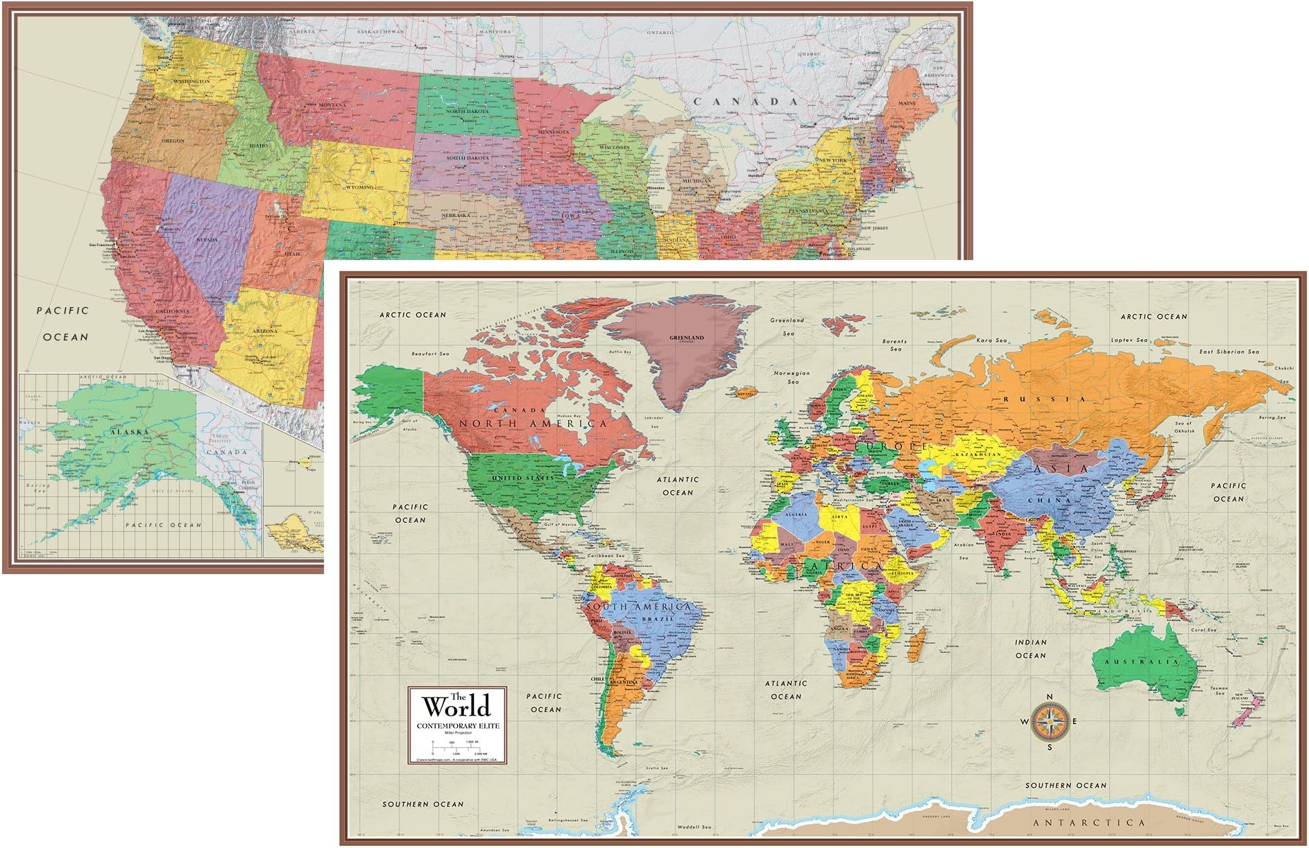 Swiftmaps World and USA Contemporary Elite 3D Two Wall Map Set (48x78 Laminated)