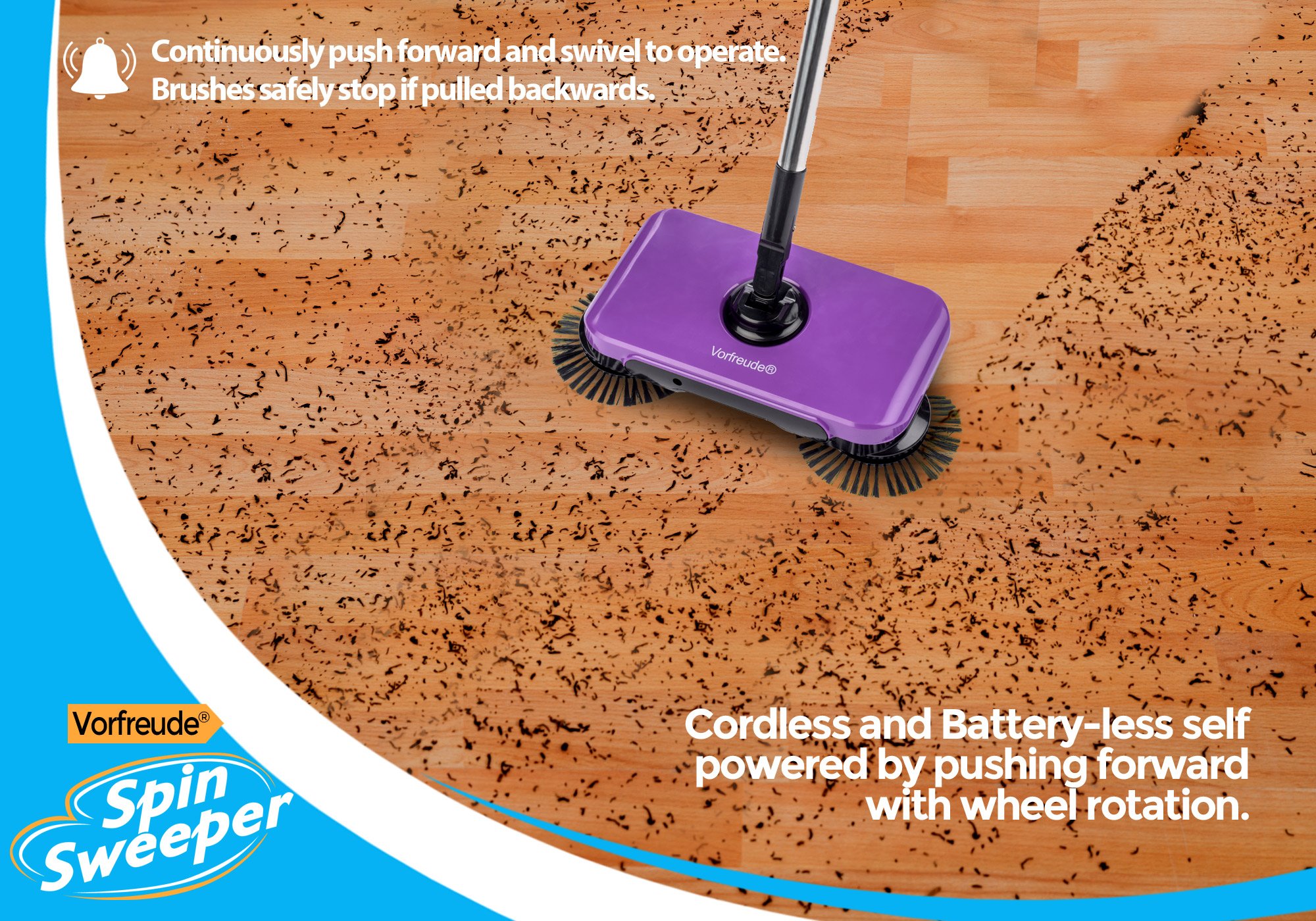 Vorfreude Pro Spin Sweeper Automatic Hand Push Broom – Cordless Stick Vacuum Manual Triple Brush Rotary Floor Spinbrush - Reusable Cleaning Dust Pan Pad - 360 Swivel Rotating Handle - 900 ml Bin