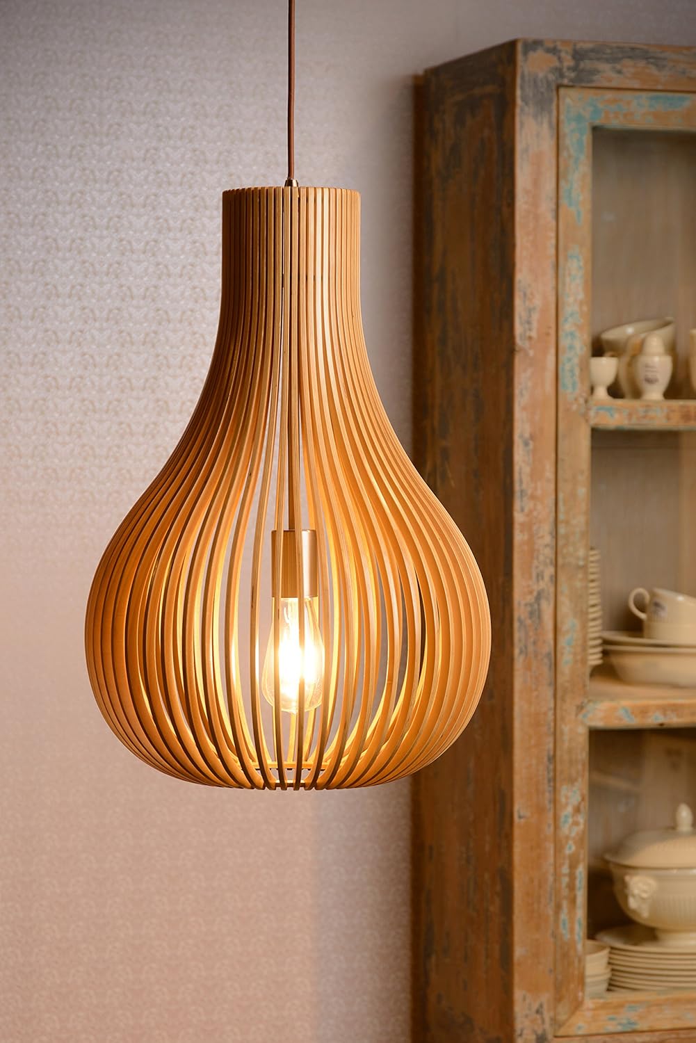 LUCIDE BODO - Pendant Light - diameter 38 cm - 1xE27 - Light Wood, Light Wood Look, 38 x 38 x 195 cm - Image 4