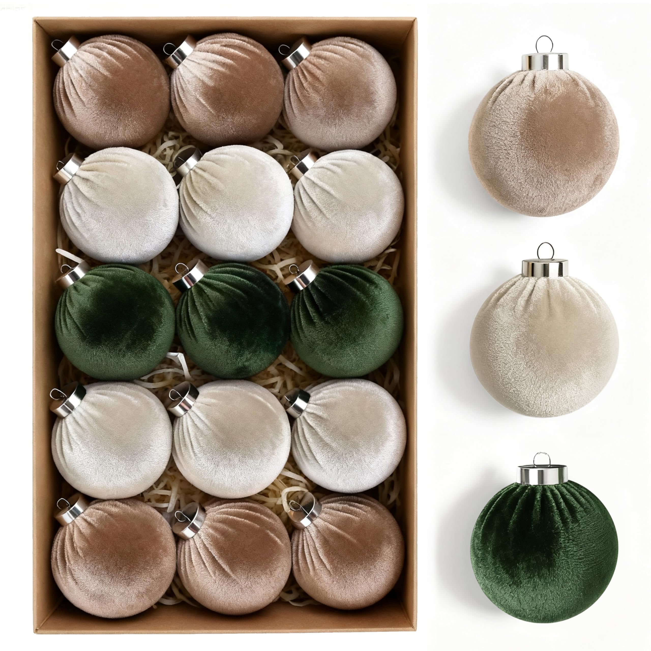 Photo 1 of 15 PCS Christmas Tree Ornaments Velvet Balls, 3.15 Inch Large Velvet Christmas Ball Ornaments Set, Shatterproof Plastic Hanging Bulbs for Xmas Tree Home Decorations - Multicolor Green Neutral Tannish