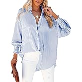 HOTEVE Women's Wrinkle-Resistant Smocked Cuffed Striped Button Shirt with Pocket Oversized Casual Boyfriend Blouse
