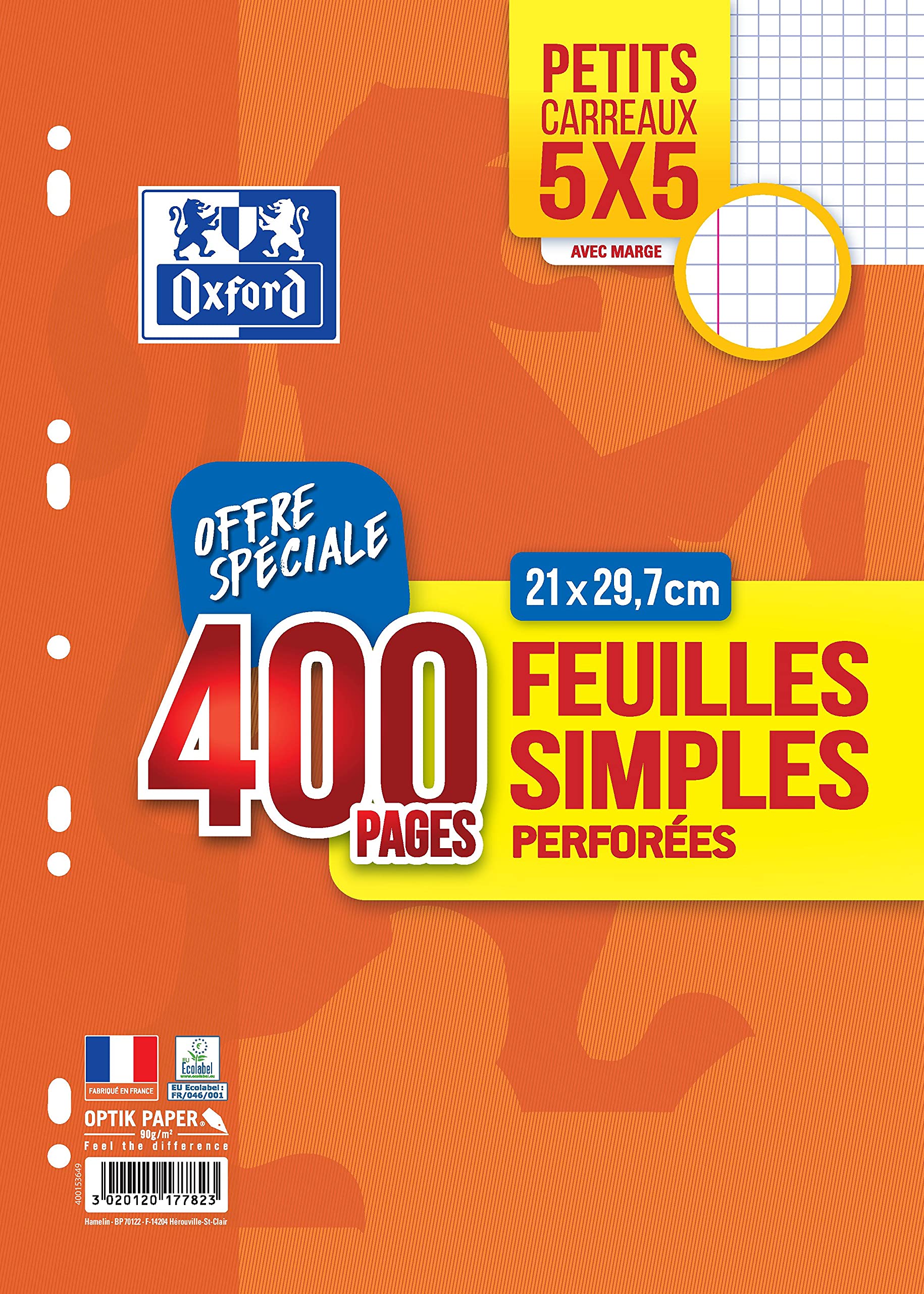 OXFORD Pack of 400 Single Sheets Small Squares 5 x 5 A4 Size (21 x 29.7 cm) Perforated