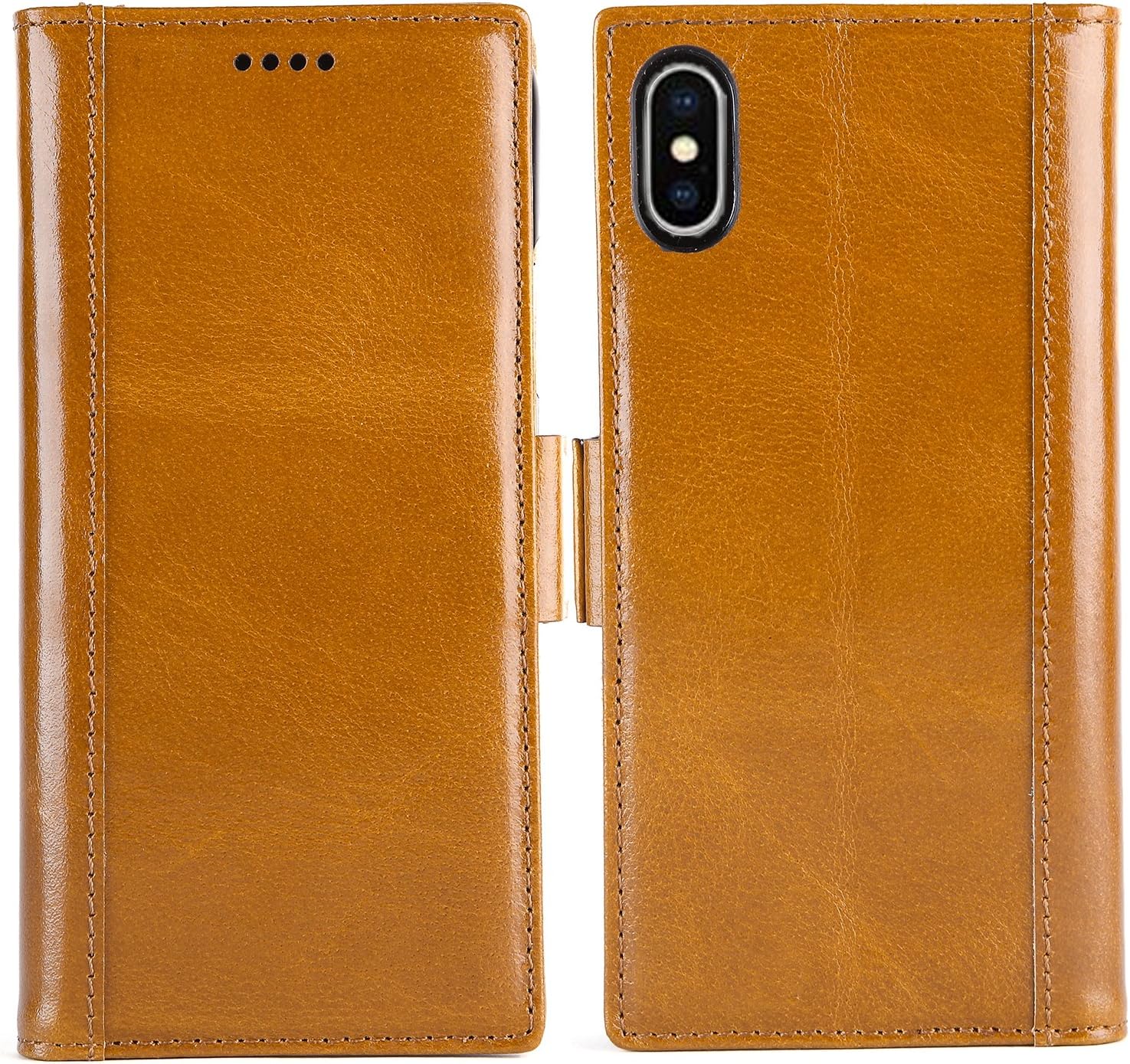 Purfit Design Apple iPhone X Leather Folio Case --Handmade Genuine Leather Folio Wallet Case Cover Magnetic Clasp For iPhone X -[Magnetic Clasp] [Wireless Charging] [Earpiece Holes] (Camel Brown)