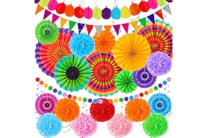 HEARTOME 35 PCS Cinco De Mayo Decorations, Fiesta Party Decorations Hispanic Heritage Month Decorations Banner Paper Fans Tissue POMPOM Swirls Garland for Day of Dead Mexican Party Decor Supplies Decor