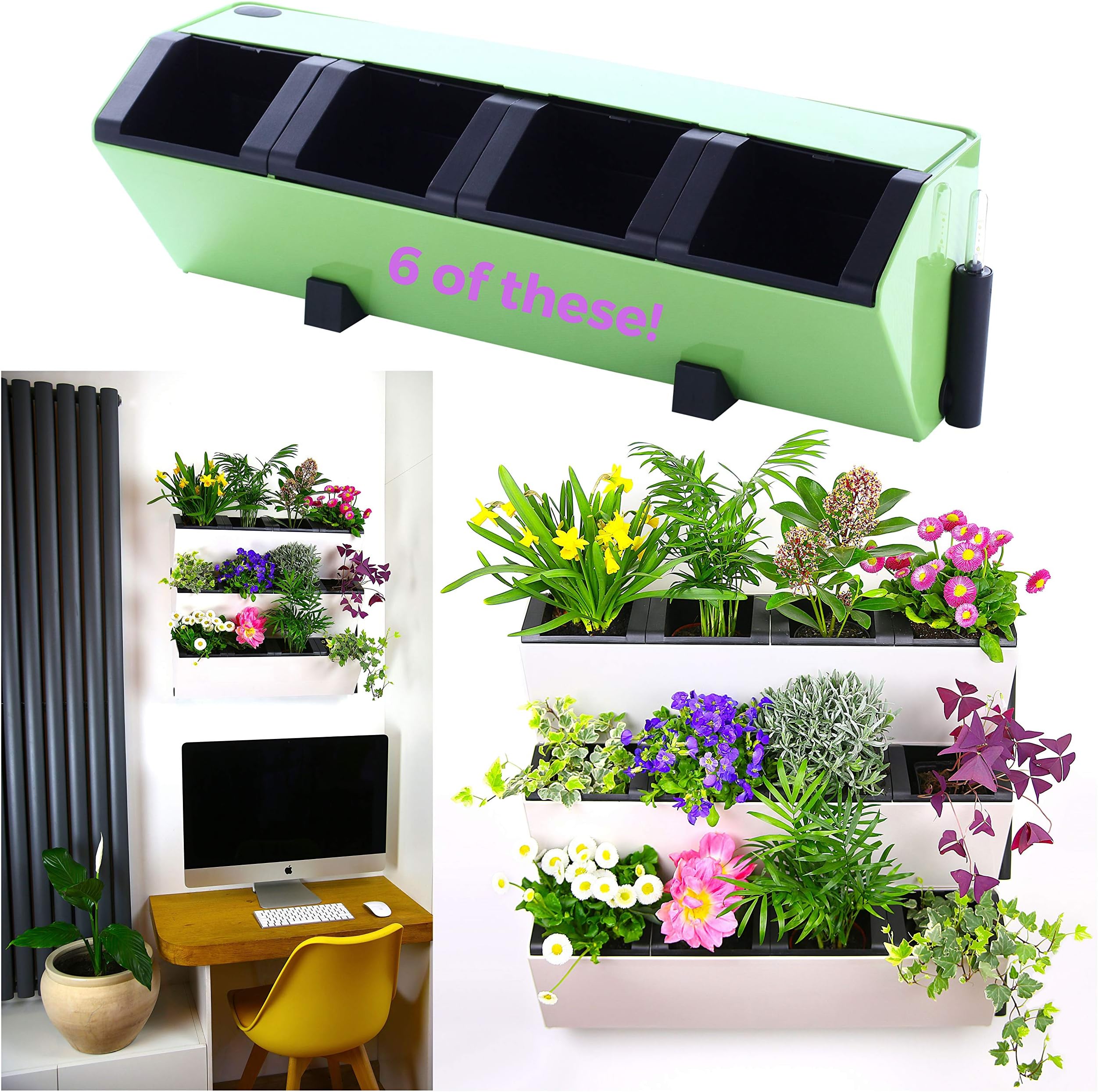 MyEasygro Self Watering Wall Planter for Indoor and Outdoor | Mounted Hanging Vertical Urban Garden Decor | Green Wall Pots for Flowers, Plants, Herbs, Vegetables, Seeds | 22.5"x7"x7" (6, Green)