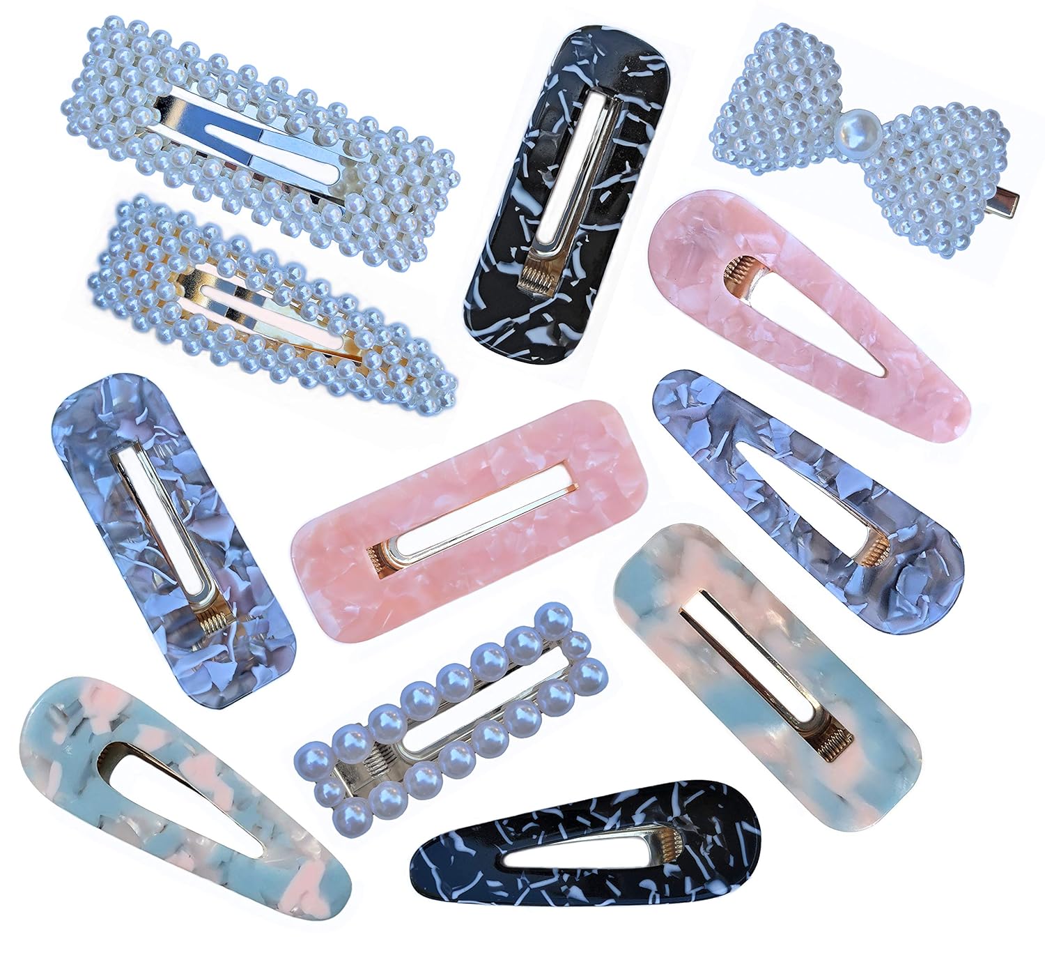 OLESYAS 12 Pcs Acrylic Resin Geometric Hair Barrettes Pearl Clips for Women Girls - Hair Accessories - Wedding Party Casual Formal