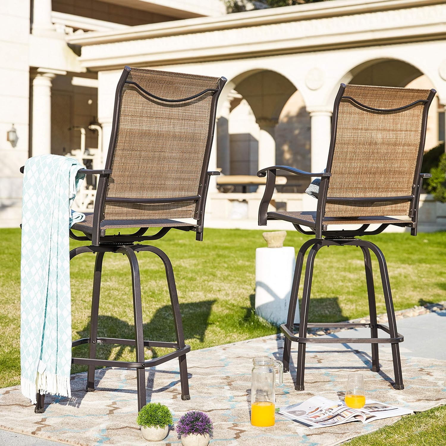 LOKATSE HOME 2 Piece Swivel Bar Stools Outdoor High Patio Chairs Furniture with All Weather Metal Frame: Garden & Outdoor