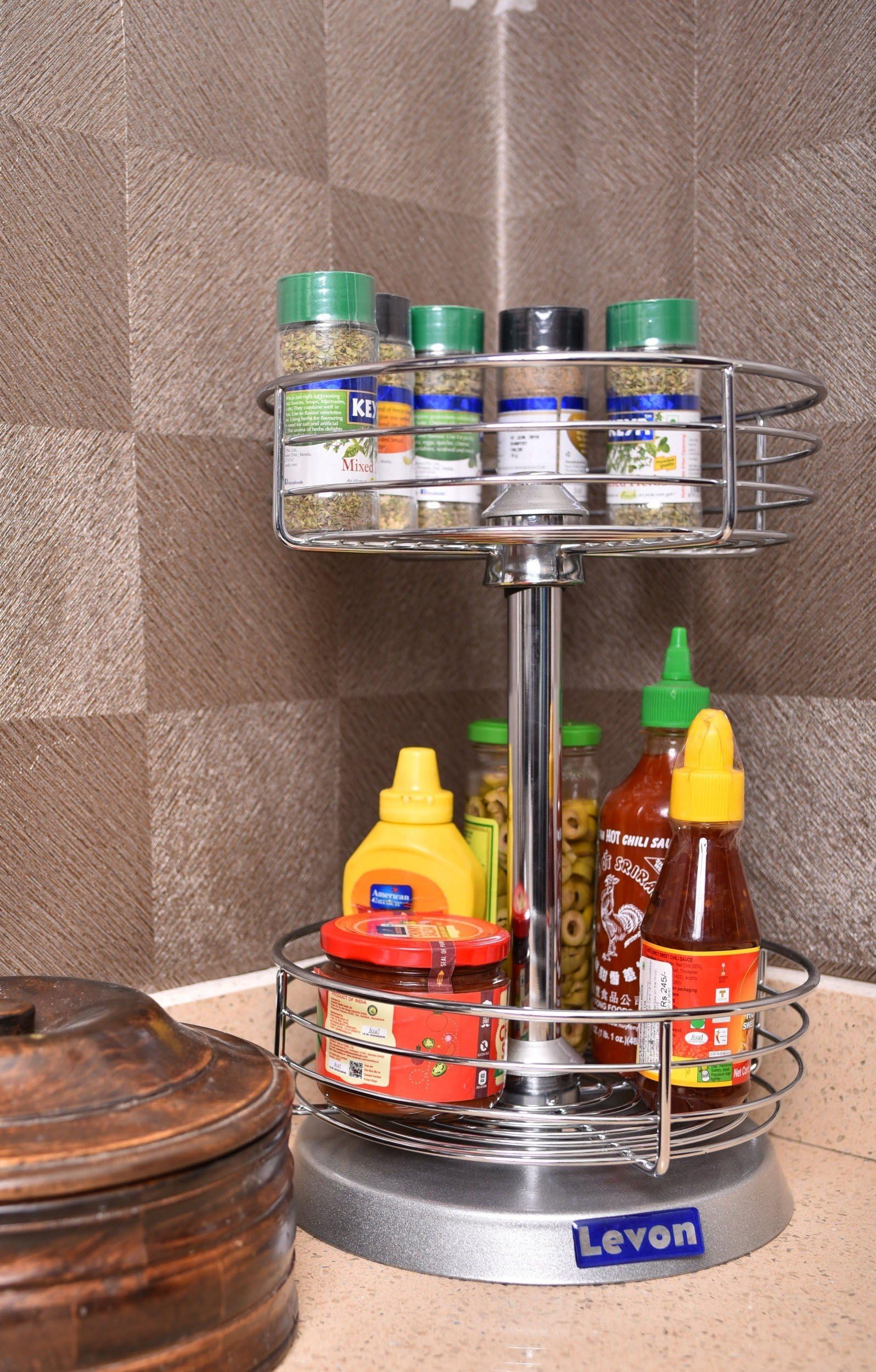Levon Stainless Steel Round Two Tier Rotary Spice Rack for Kitchen Storage | Spice Box Organiser
