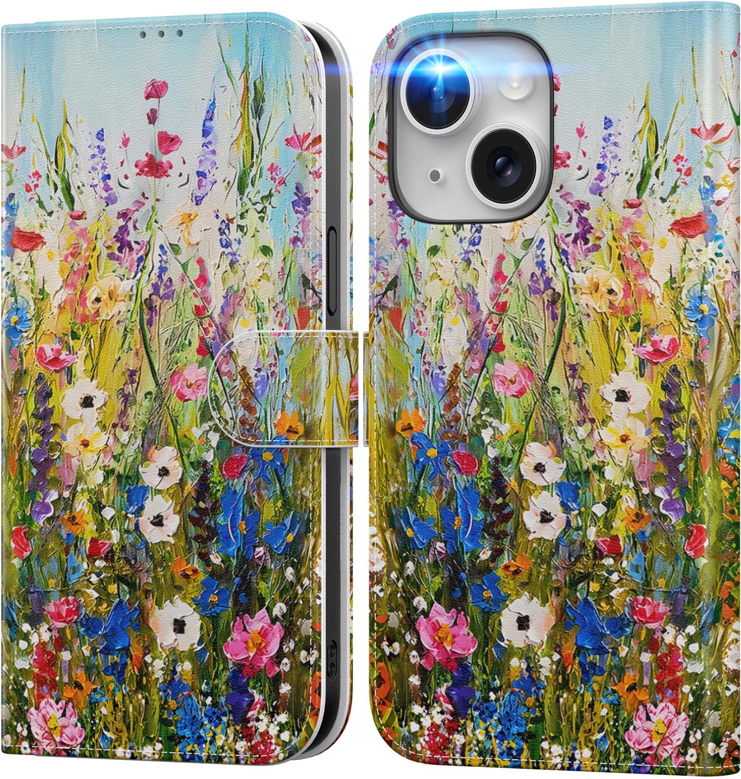 Photo 1 of DEENAKIN for iPhone 14 Plus Wallet Case with Card Holder + Cash Clip, RFID-Blocking, Military-Grade Drop Protection & UV-Printed Artwork, Magnetic Closure with Leather Stand - Wildflowers Painting