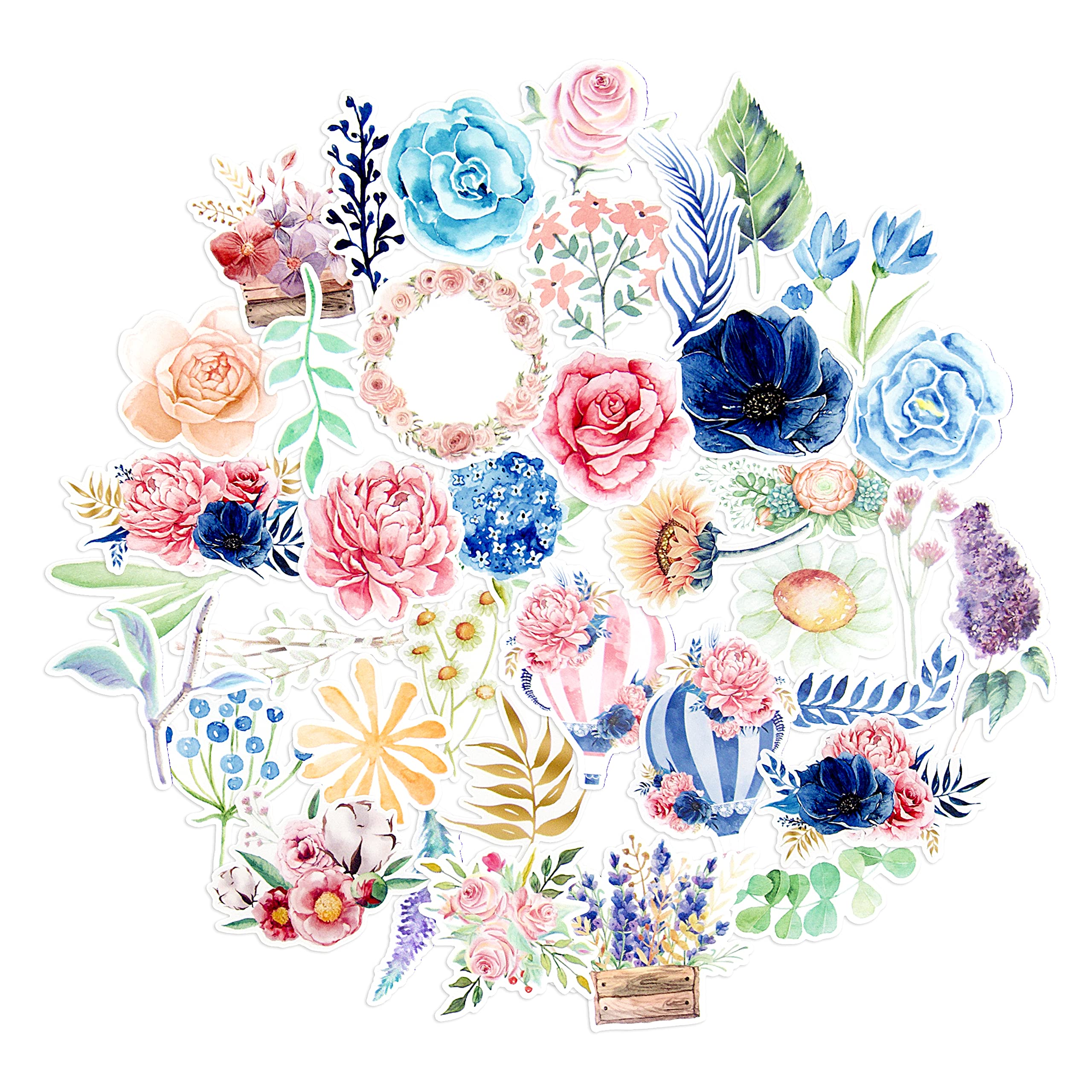 Navy Peony Watercolour Hot Air Balloon and Spring Flower Stickers | Waterproof Plant Stickers for Water Bottles, Laptop Computer, and Scrapbook | Great Stickers for Children and Adults (37 Pieces)