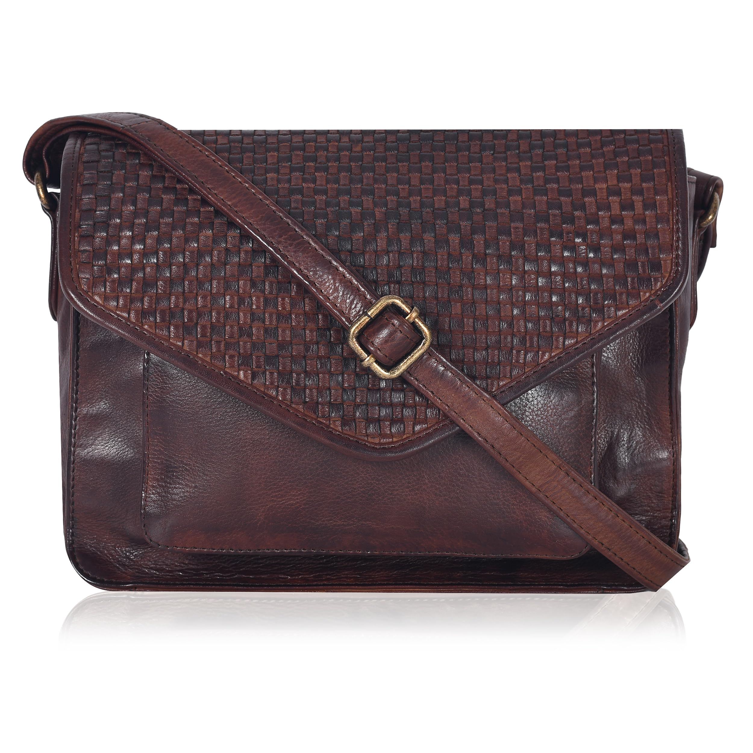 Photo 1 of Leather Flapover Crossbody Handbag Purse for Women with Adjustable Strap & Overflap Snap Closure Tote/Bag (Brown Weaving)