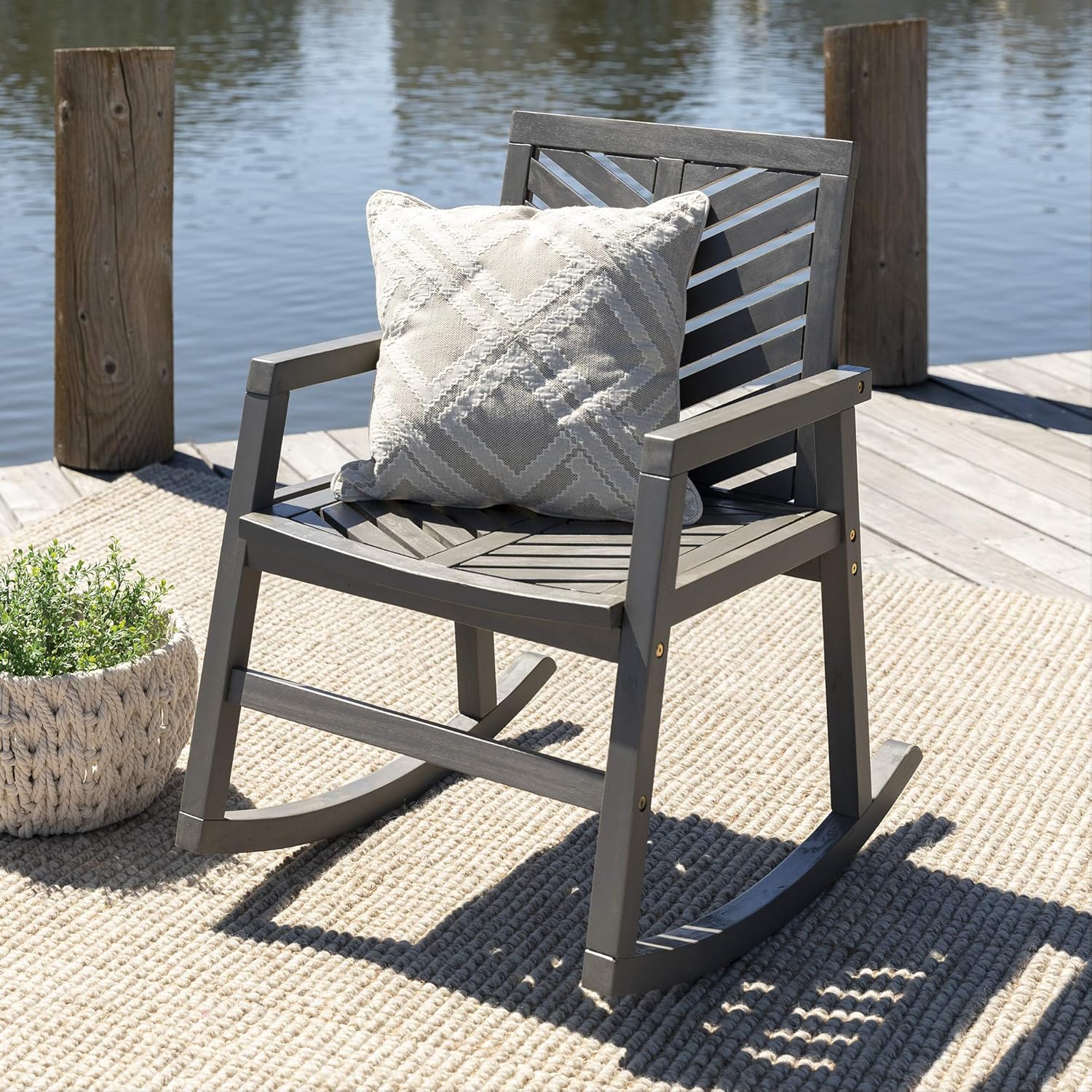 Walker Edison Furniture Company Outdoor Patio Wood Chevron Rocking Chair All Weather Backyard Conversation Garden Poolside Balcony, Set of 1, Grey: Furniture & Decor