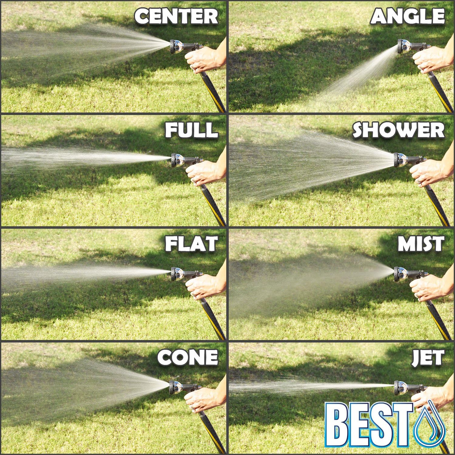 BEST Garden Hose Nozzle (HIGH Pressure Technology) - 8 Way Spray Pattern - Jet, Mist, Shower, Flat, Full, Center, Cone, and Angel Water Sprayer Settings - Rear Trigger Design - Steel Chrome Design: Automotive