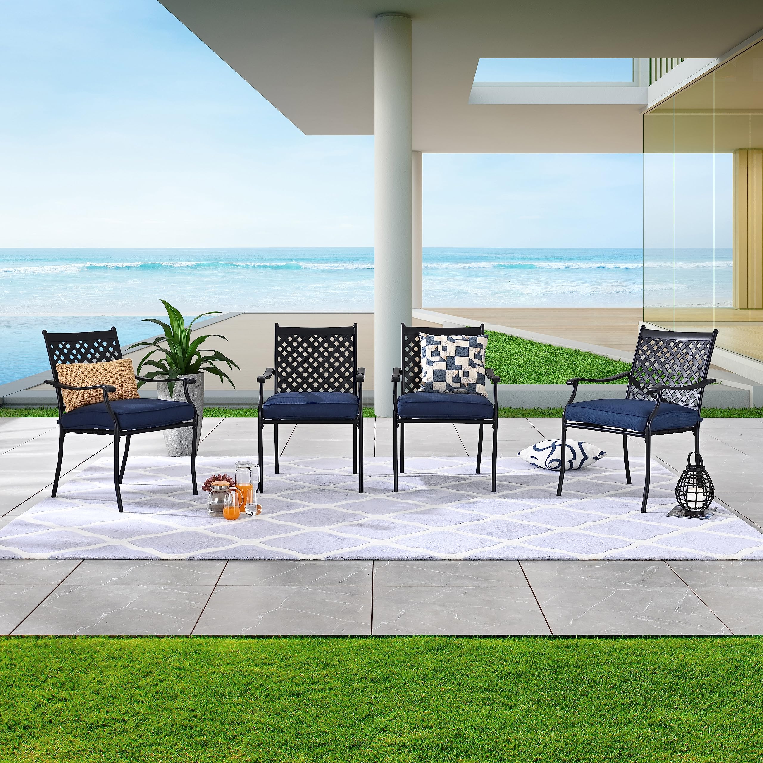 Set Pranzo Con Tavolo 120x70 Cm E 4 Sedie Con Braccioli In Acciaio Blu Maldive Faber