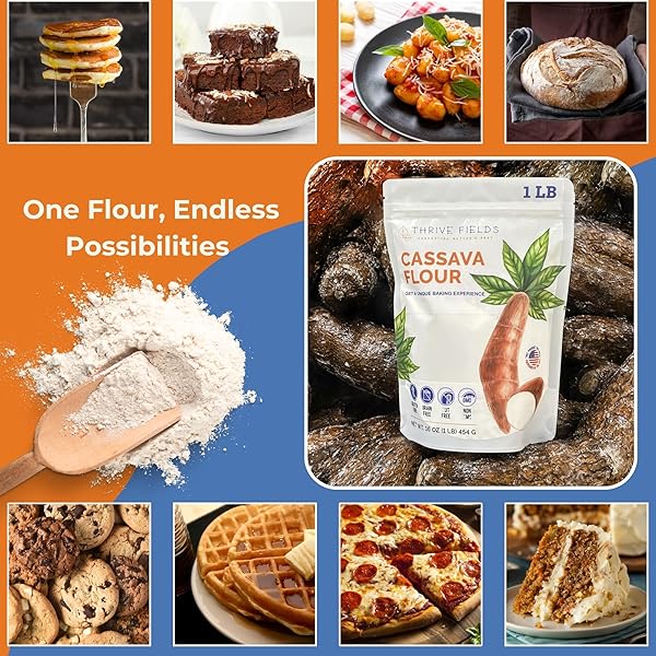 THRIVE FIELDS CASSAVA FLOUR – ALL-PURPOSE YUCA ROOT FLOUR FOR BAKING – GRAIN AND NUT FREE, NON GMO – GREAT FOR TORTILLAS, PANCAKES, PASTA, COOKING & MORE – 1 LB BAG