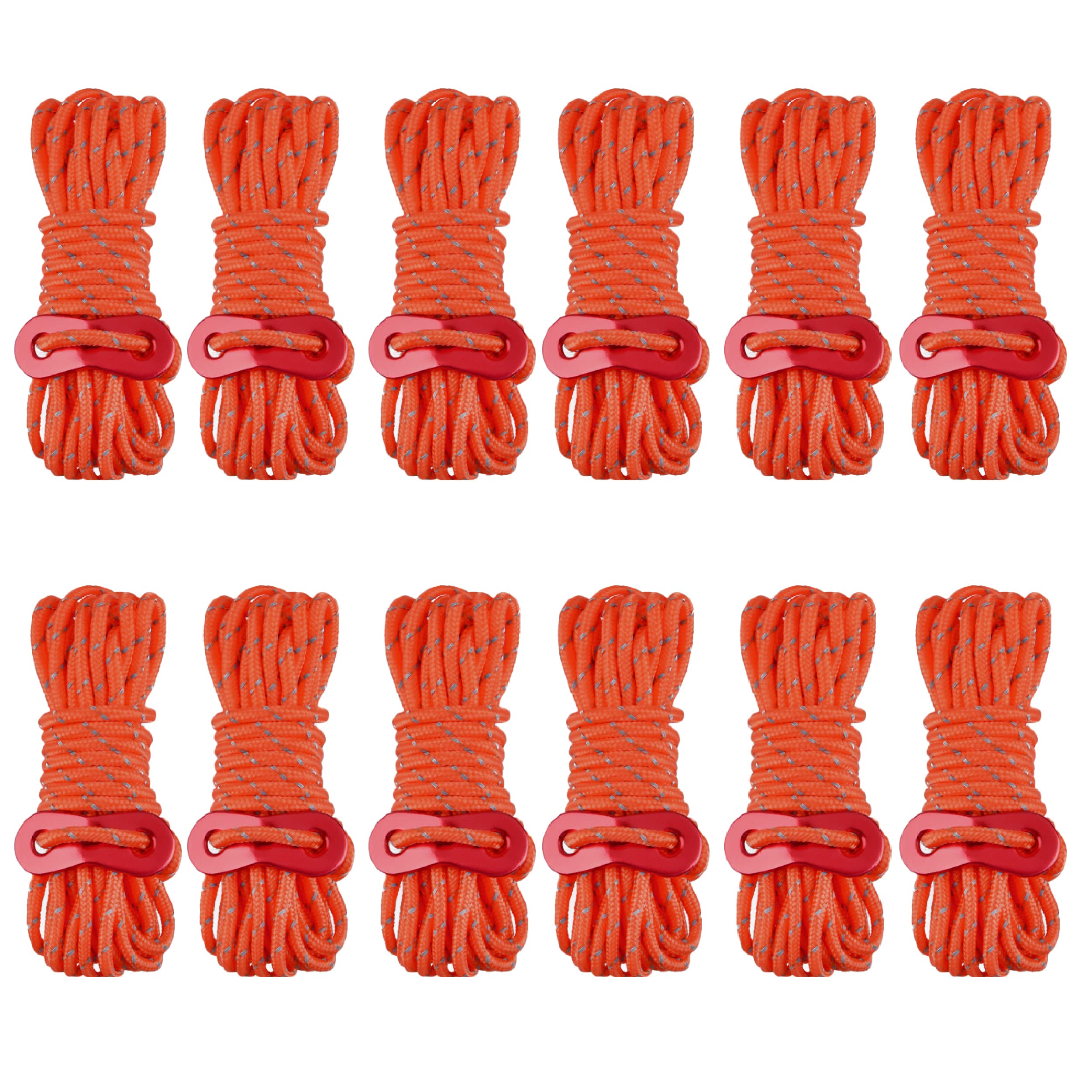 Azarxis Tent Guy Rope 4mm Reflective Guy Line 4m / 13 Feet Tarp Guide Rope with Aluminum Tensioner Cord Adjuster for Camping Awning Canopy Hammock Packing Tying Down (Orange - 12 Pack)