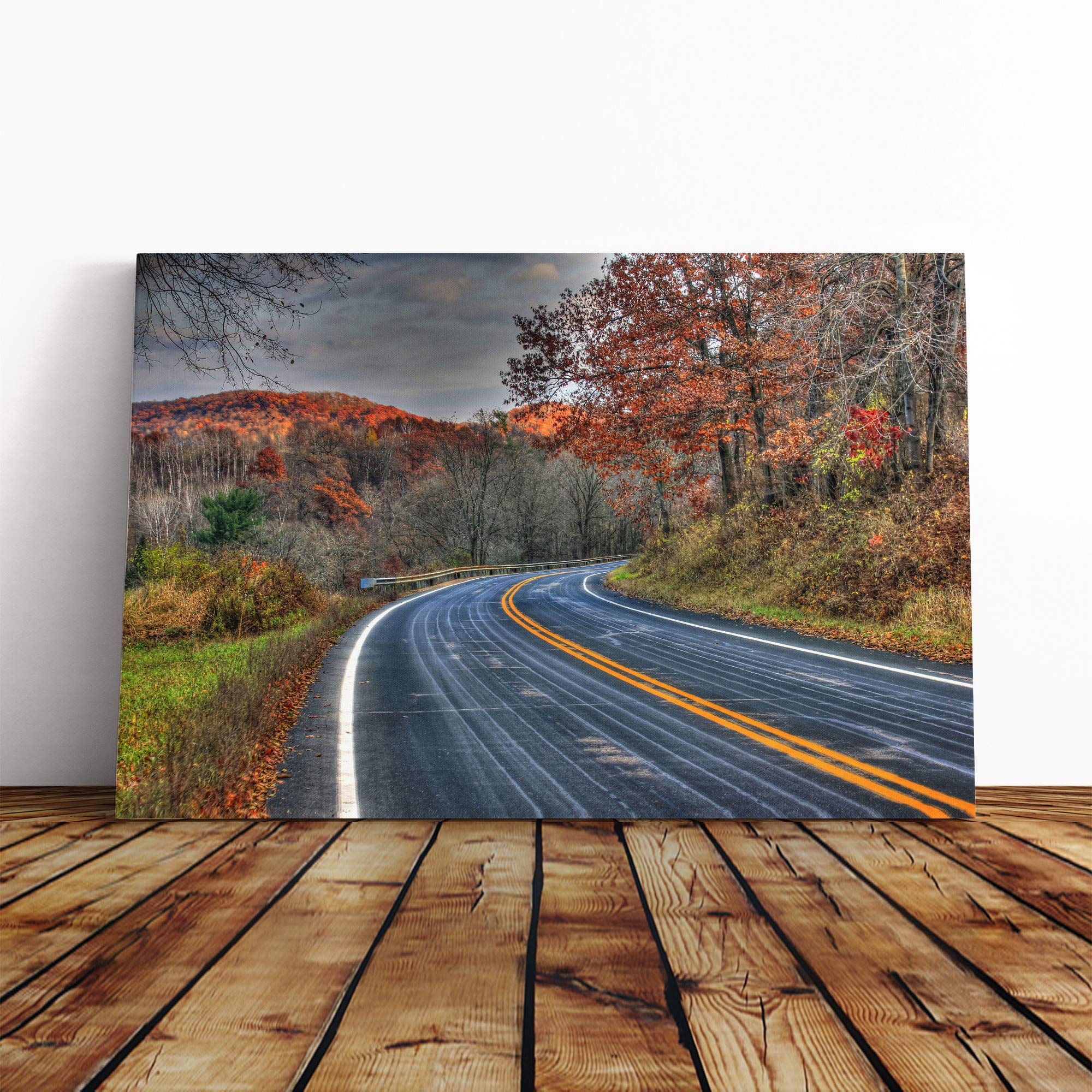 Big Box Art Canvas Print Wall Art Landscape Wisconsin Road Through Forest USA | Mounted & Stretched Box Frame Picture | Home Decor for Kitchen, Living Room, Bedroom, Hallway, Multi-Colour, 20x14 Inch