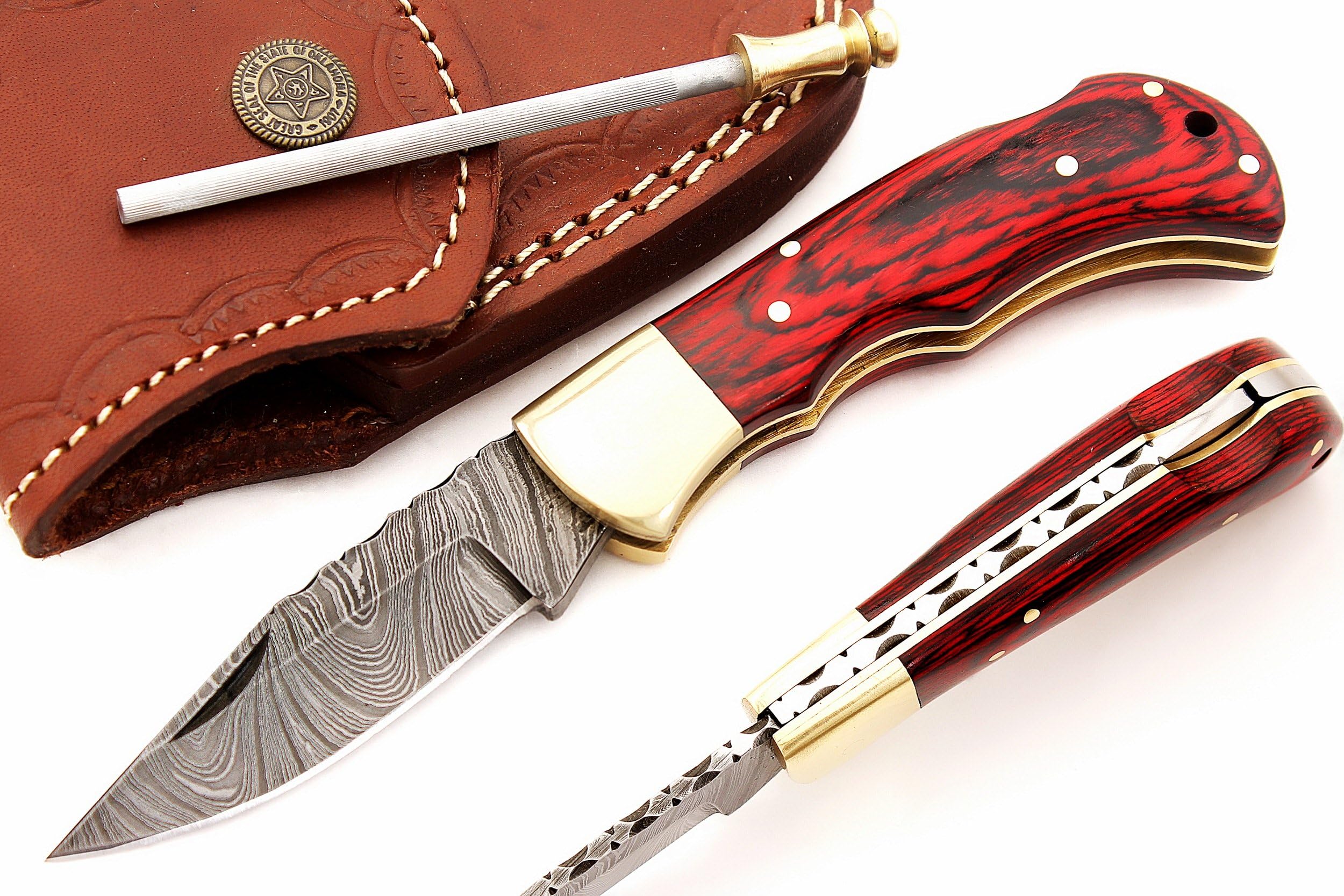 5167 Custom made damascus steel folding knife. (Red)