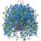 Artificial Fake Hanging Flowers Plants with Basket Spring Outdoor Decor,Faux Silk Flowers with Eucalyptus in Planter No Fade Flower in Basket for Farmhouse Home Garden Porch Patio Balcony(Blue)