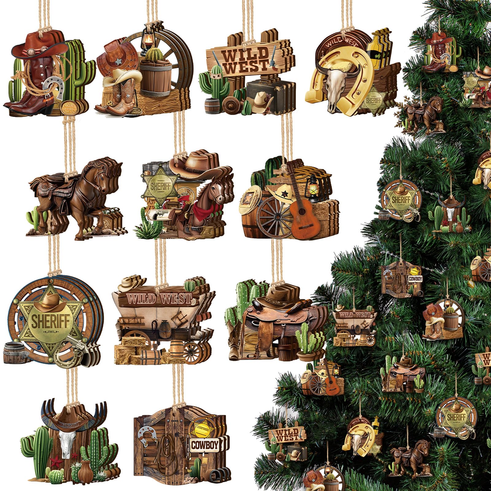 Photo 1 of Vercraft 36 Pcs Christmas Western Cowboy Ornaments Wooden Christmas Tree Decorations Cowboy Wild West Hanging Ornaments Western Cowhide Cactus Sheriff Wood Pendant Sign for Xmas Tree Home Decor