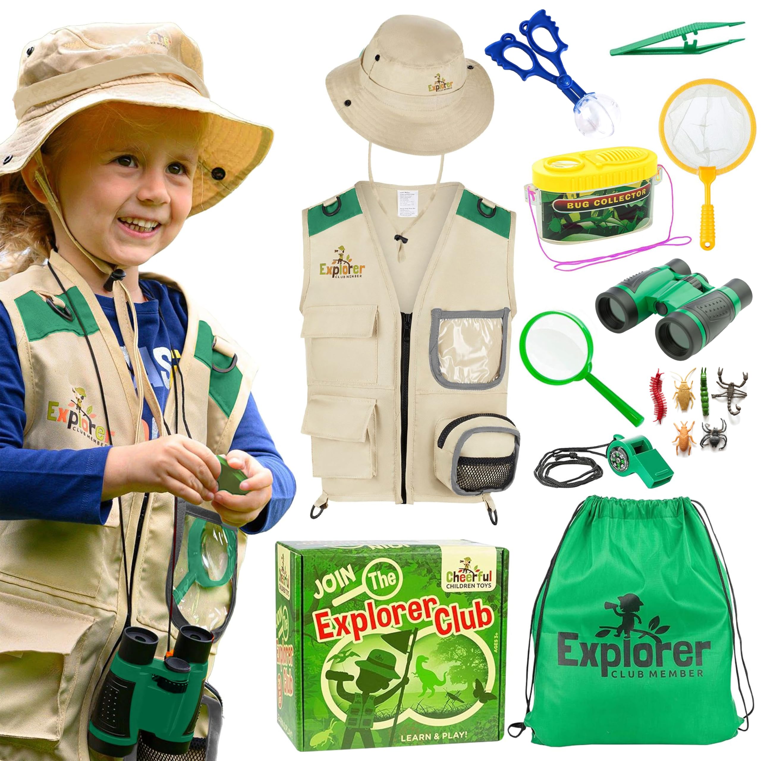 Premium Kids Explorer Kit with Extra Sturdy Accessories for 3-7 Year Old, Bug Hunting Kit Explorer Costume Zoo Keeper Vest & Hat for Boys/ Girls, Outdoor Safari Nature STEM Educational (Green)