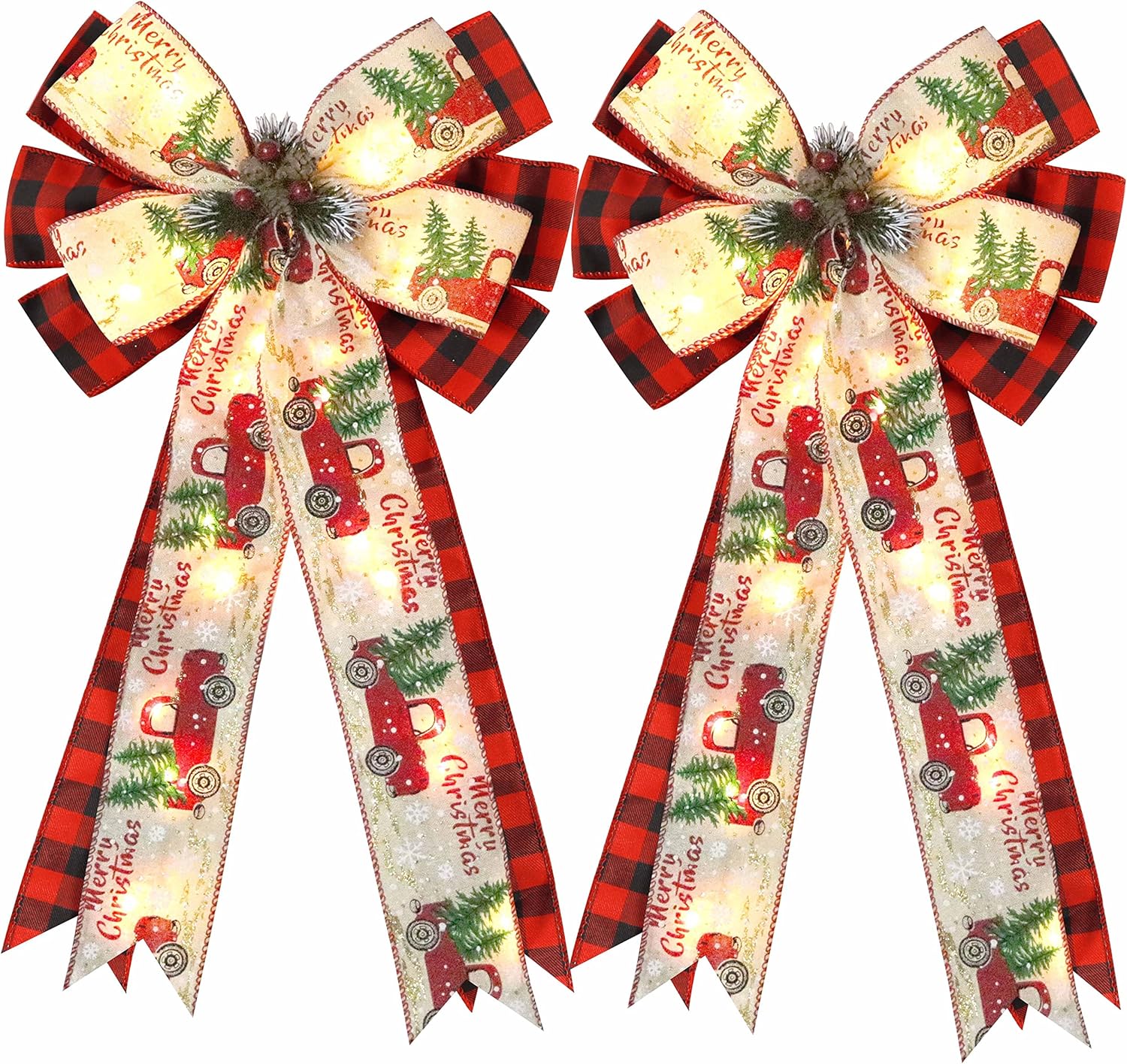 Bows & Ribbons - 2 Pack Red Christmas Bows for Wreaths with 30 LED Lights Decorations,12”x20” Xmas Large Buffalo Plaid Rustic Bows with Truck Berries Pine Cones Pine Needles for Front Door Holiday Party Outdoor Decor