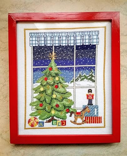 Immagini Di Natale A Punto Croce.Natale Alla Finestra Completo Di Cornice Rossa Punto Croce Amazon It Handmade
