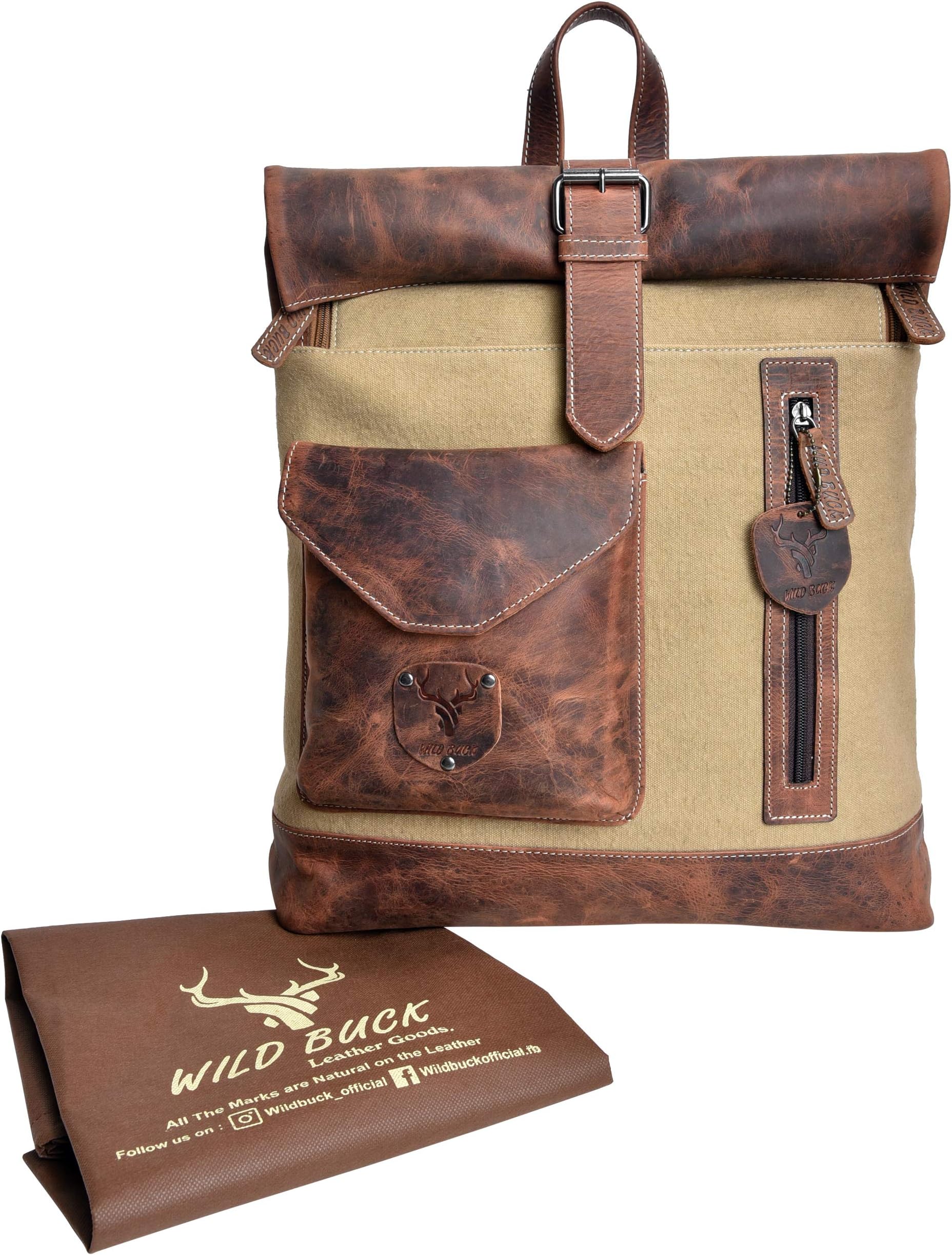 Wild Buck Genuine Leather and Canvas Made Tan Coloured Laptop Backpack for Unisex