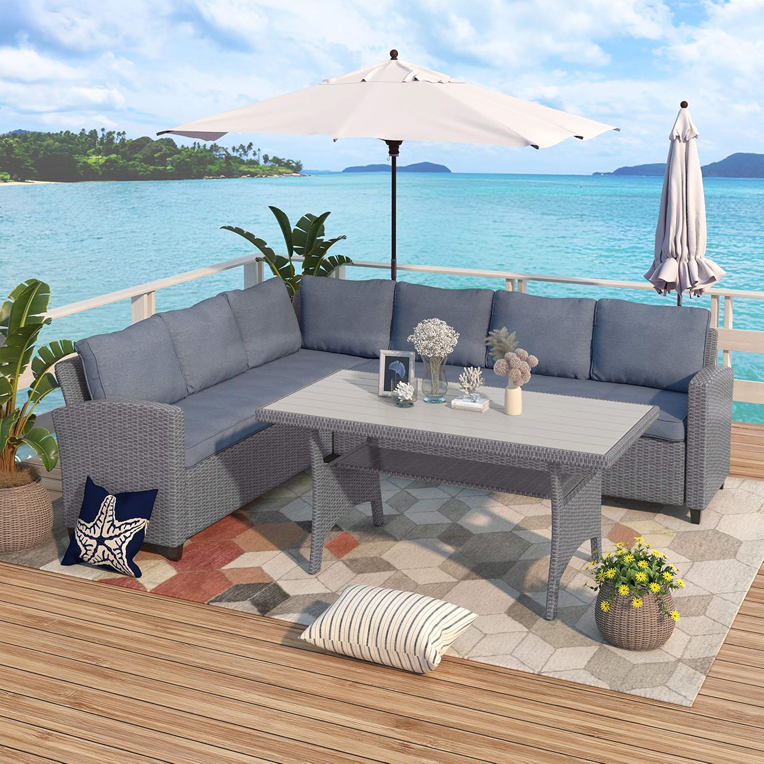 Amazon Com Lz Leisure Zone Patio Furniture Sets Outdoor Patio Dining Table Set Pe Rattan Wicker Conversation Set All Weather Sectional Sofa Set With Table Soft Cushions Grey Garden Outdoor