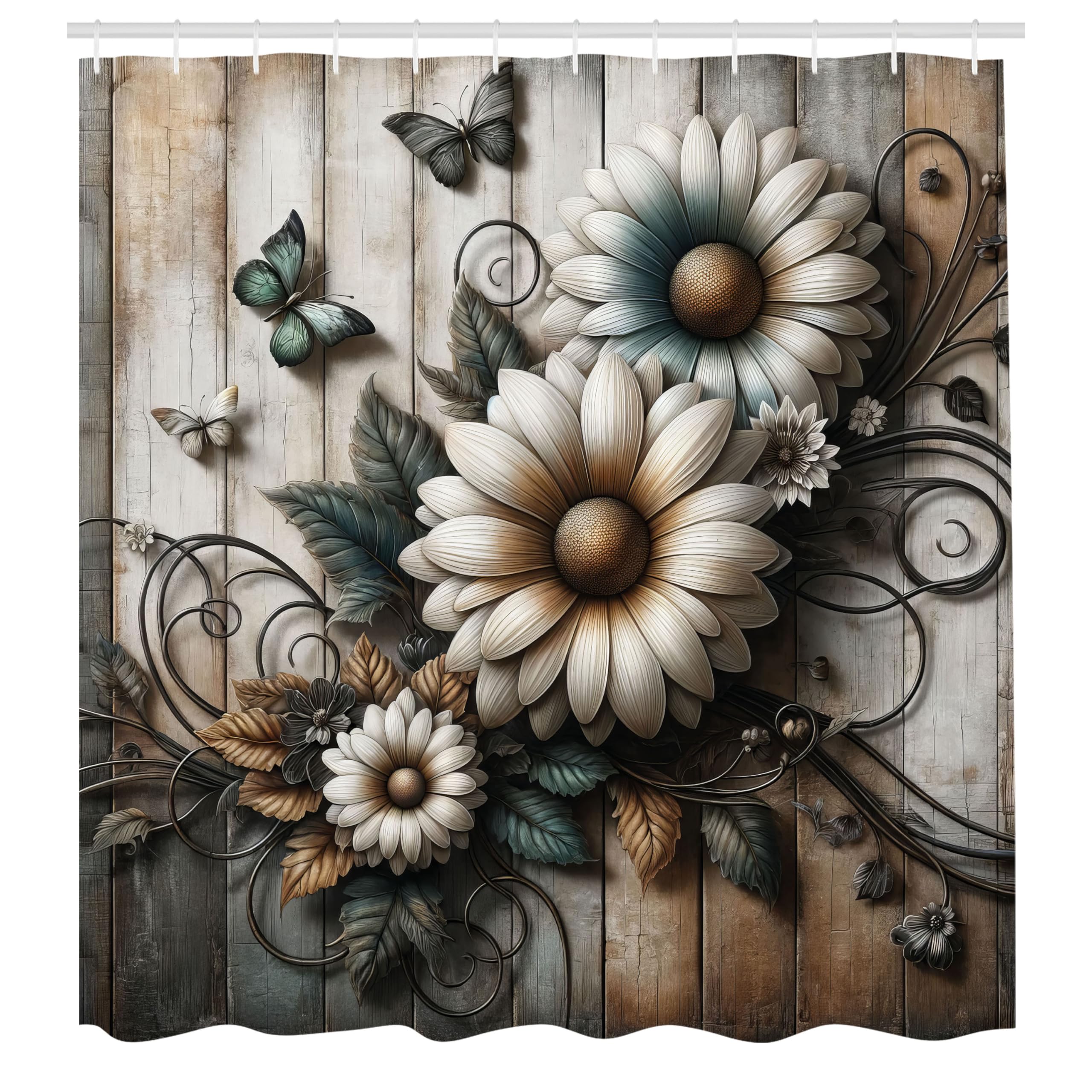 ABAKUHAUS Vintage Shower Curtain, Farmhouse Chamomiles Rustic, Cloth Fabric Bathroom Decor Set with Hooks, 175 x 200 cm, Pale Tan Almond Turquoise