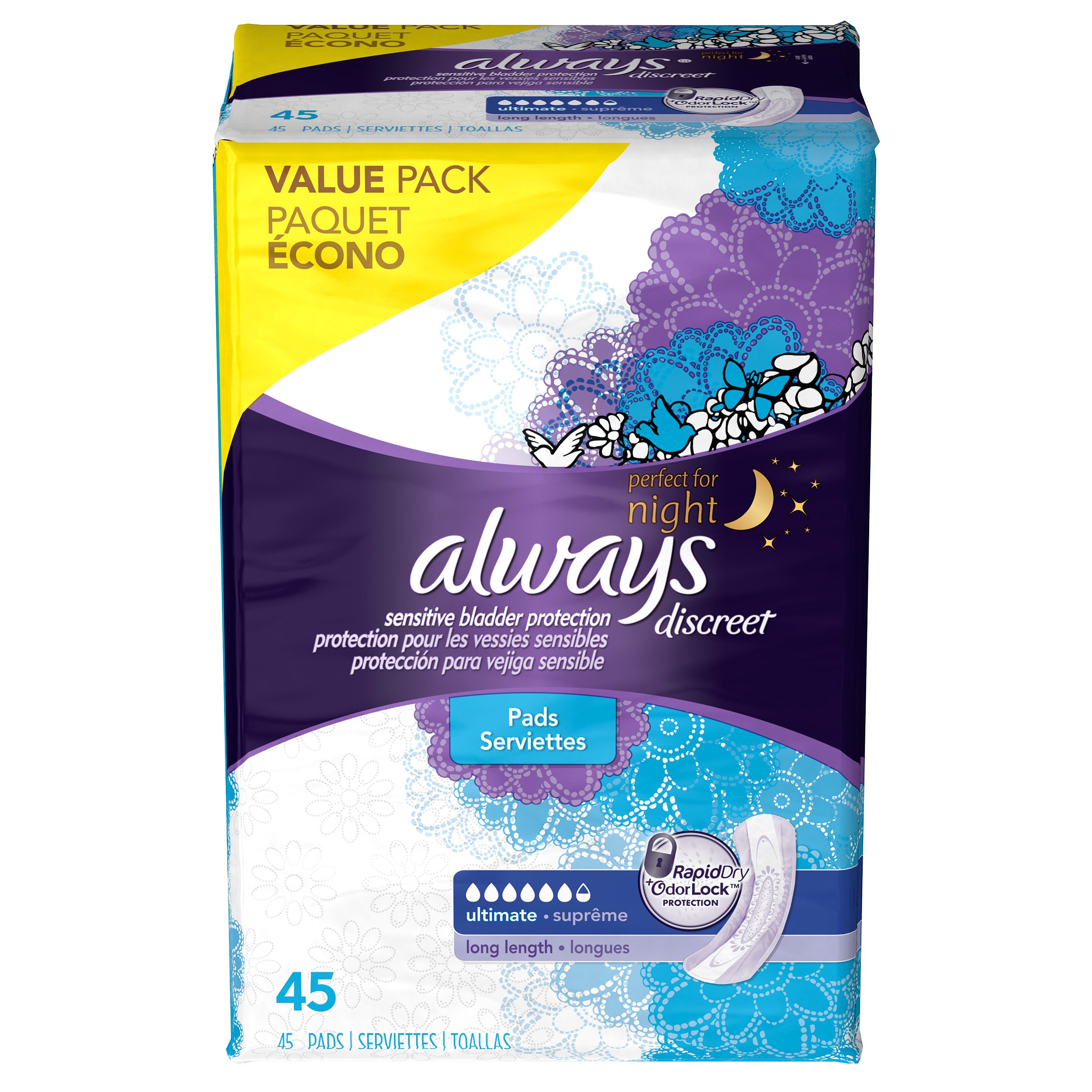Photo 1 of Always Discreet Ultimate Long Length Incontinence Pads, 45 Count