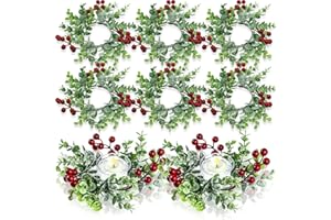 WILLBOND 12 Pieces Christmas Candle Rings Garland 3.15 Inch Center Pillar Candle Rings Wreaths Red Berry Garland Holders Mini Ring for Wedding Party Living Room Dining Table Decoration