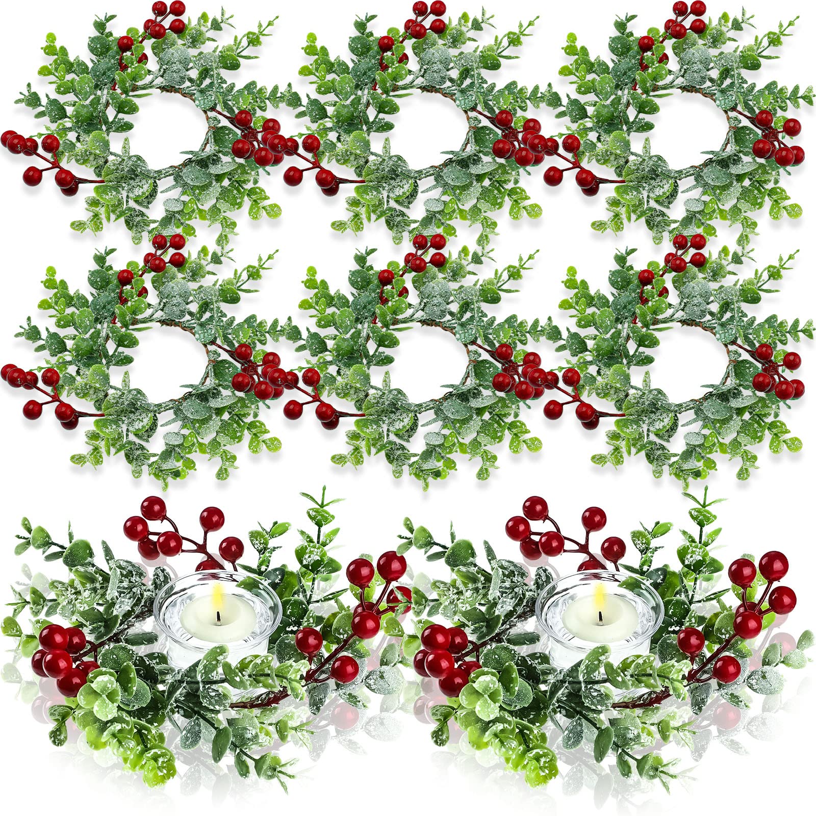 Photo 1 of 12 Pieces Christmas Candle Rings Garland 3.15 Inch Center Pillar Candle Rings Wreaths Red Berry Garland Holders Mini Ring for Wedding Party Living Room Dining Table Decoration