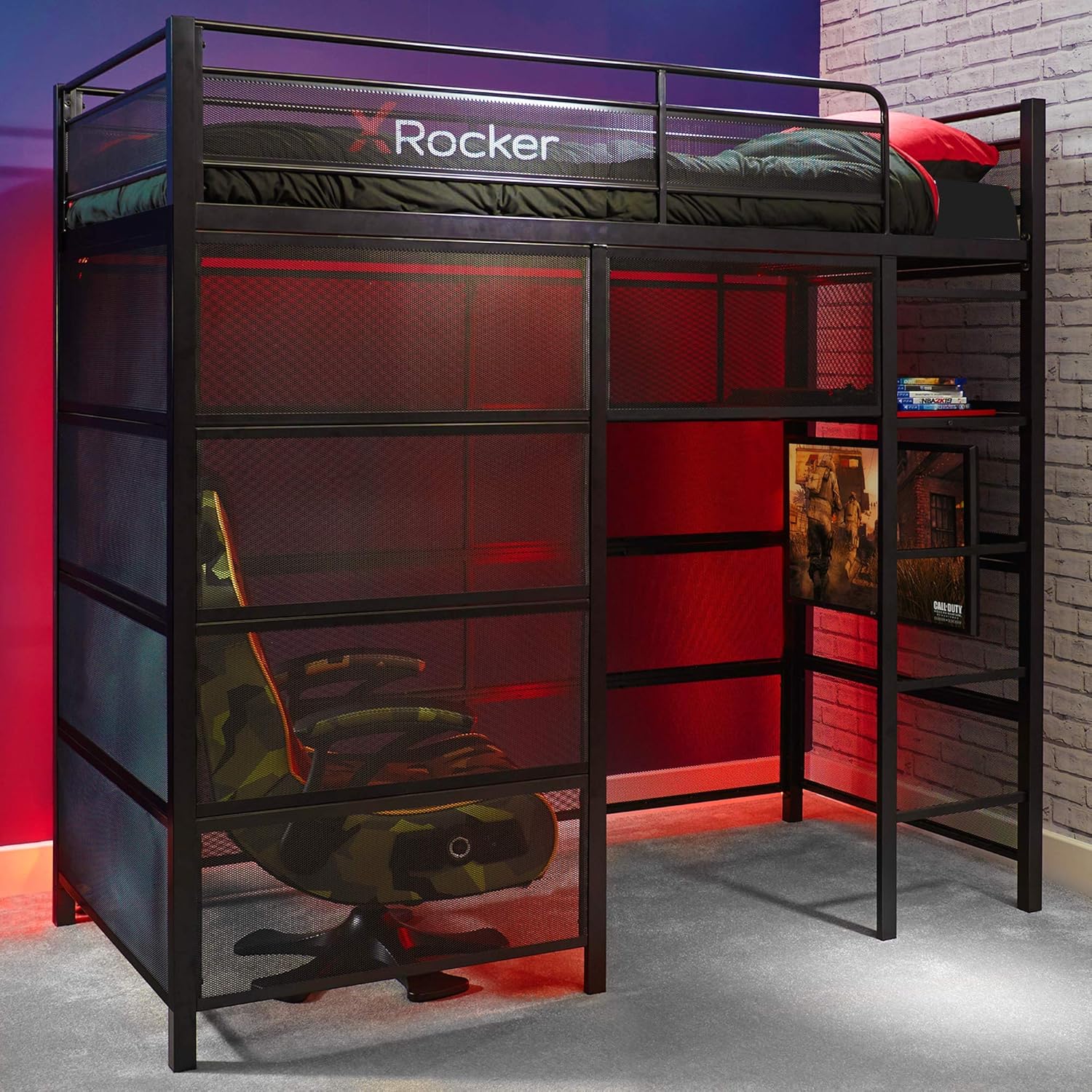 X Rocker Battle Den Gaming Bed High Sleeper Bunk with Storage, TV Mount
