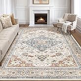 8x10 Area Rugs Living Room: Washable Boho Large Neutral Vintage Soft Rug Stain Resistant Distressed Farmhouse Non-Slip Indoor Floor Carpet for Bedroom Nursery Kids Office Dining Room- Beige Blue