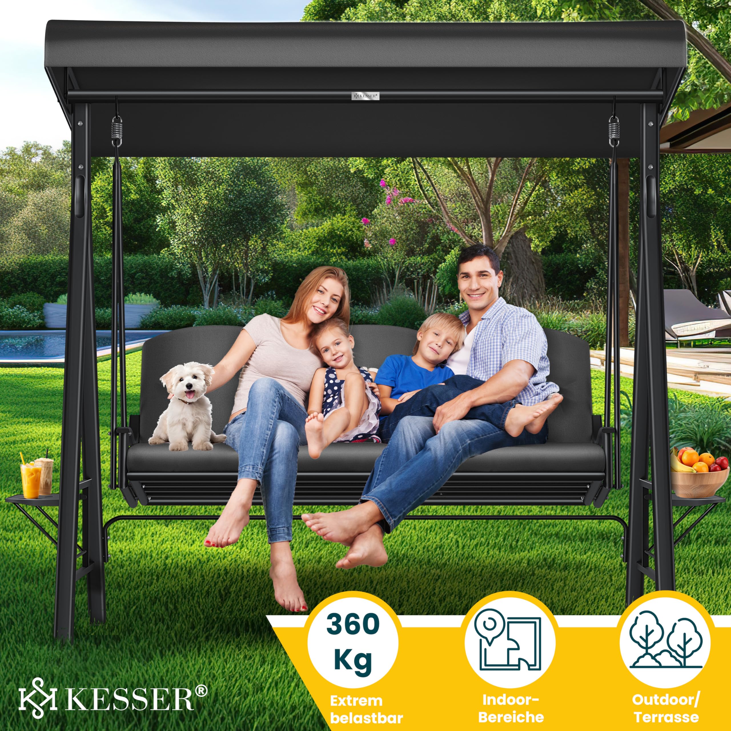 KESSER® Hollywoodschaukel mit Sonnendach 3-Sitzer & Sitzpolster-Auflage | Gartenschaukel bis 360kg belastbar | Gartenliege mit Anti-Rutsch-Füßen | Schaukelbank wasserabweisend für Outdoor & Indoor 4