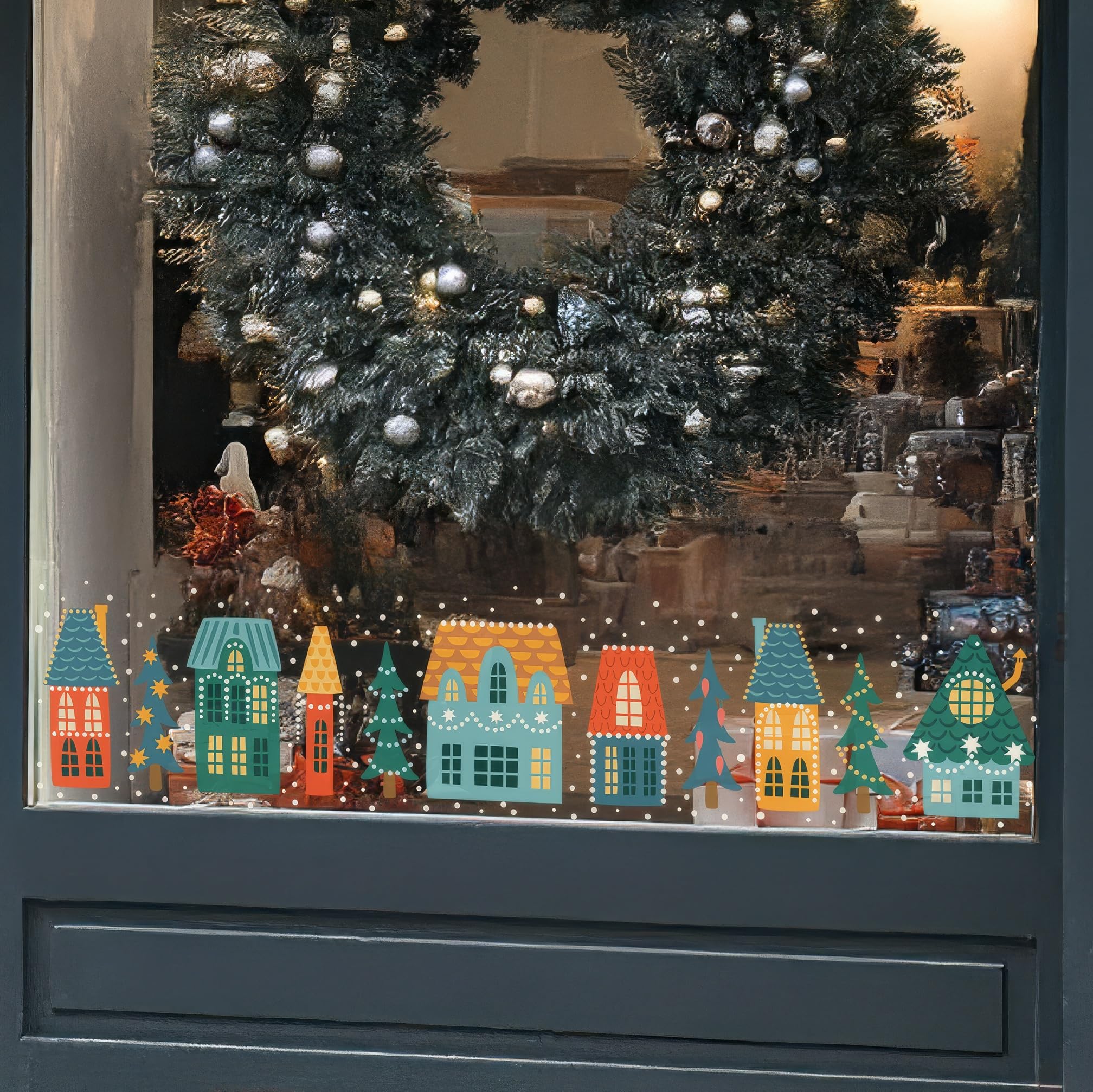 Large Christmas Window Stickers Reusable - Scandi Village Houses Christmas Street Scene Border - Double Sided Christmas Window Decorations