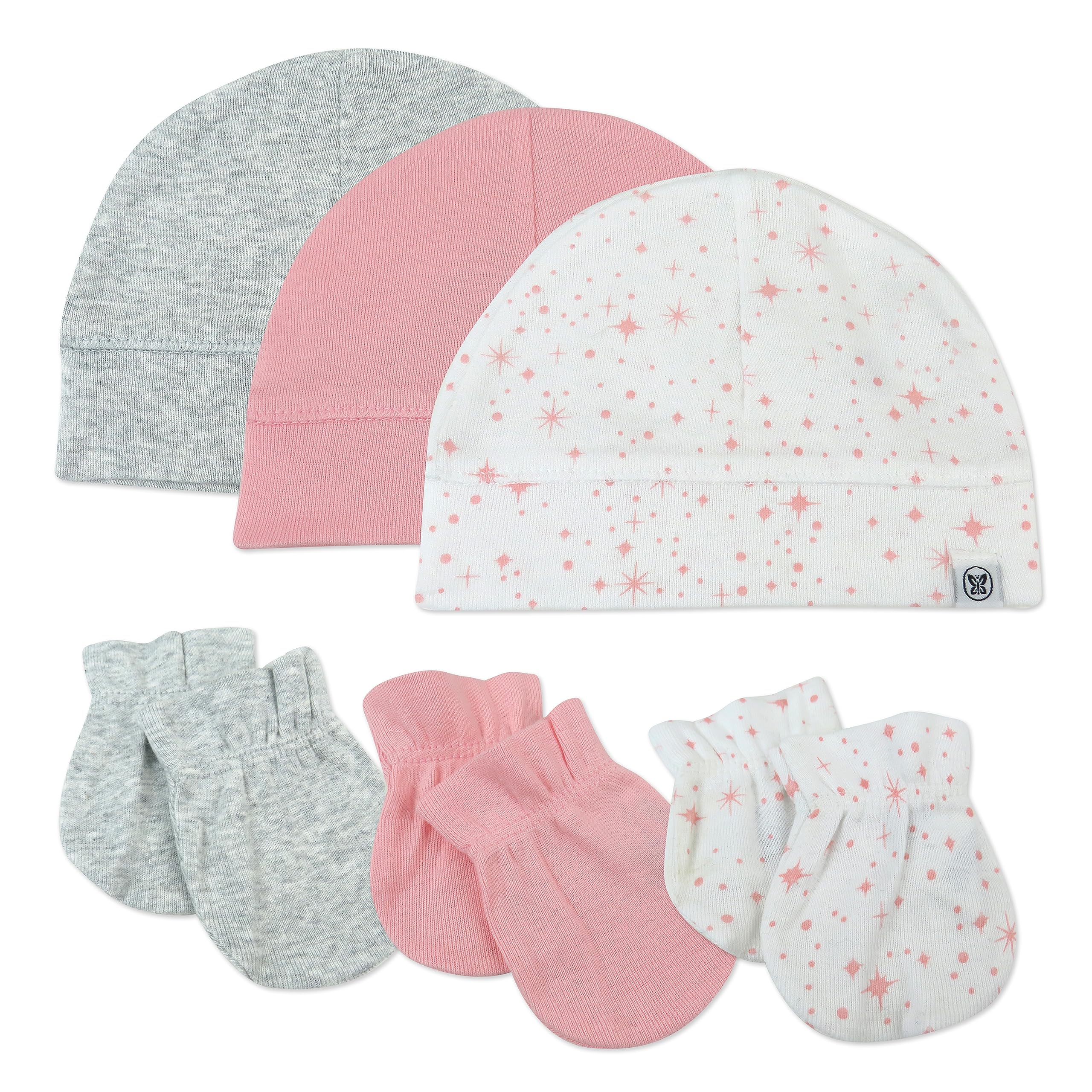 HonestBaby Multipack Cap Hats and Mitts Sets No Scratch Mittens 100% Organic Cotton for Baby Boys, Girls, Twinkle Star White/Pink, One Size