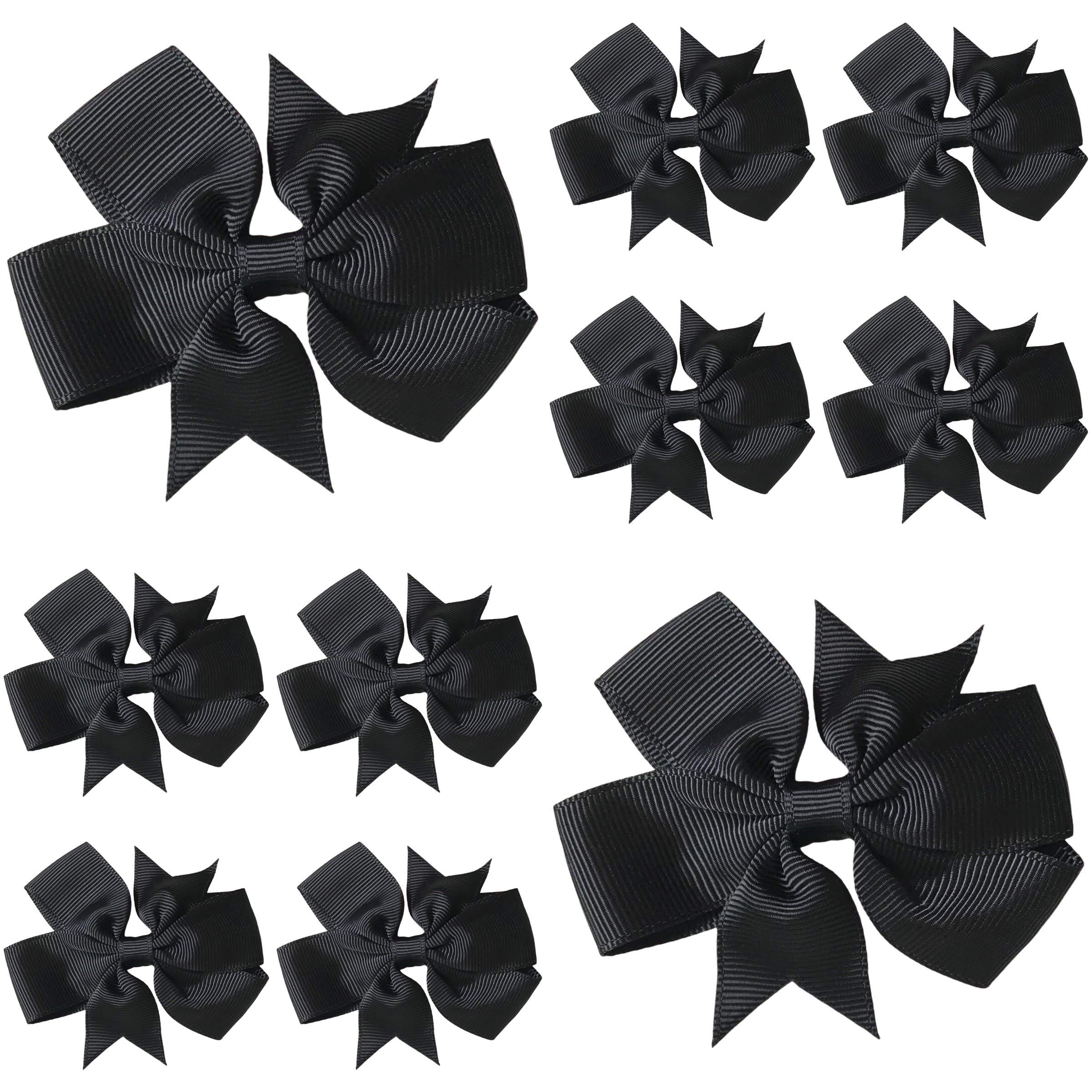 Black Hair Bows for Girls – 3 Inch Grosgrain Pinwheel Ribbon Bows with Crocodile Clips – School Uniform Hair Accessories for Children, Toddlers & Kids - 10 Pack