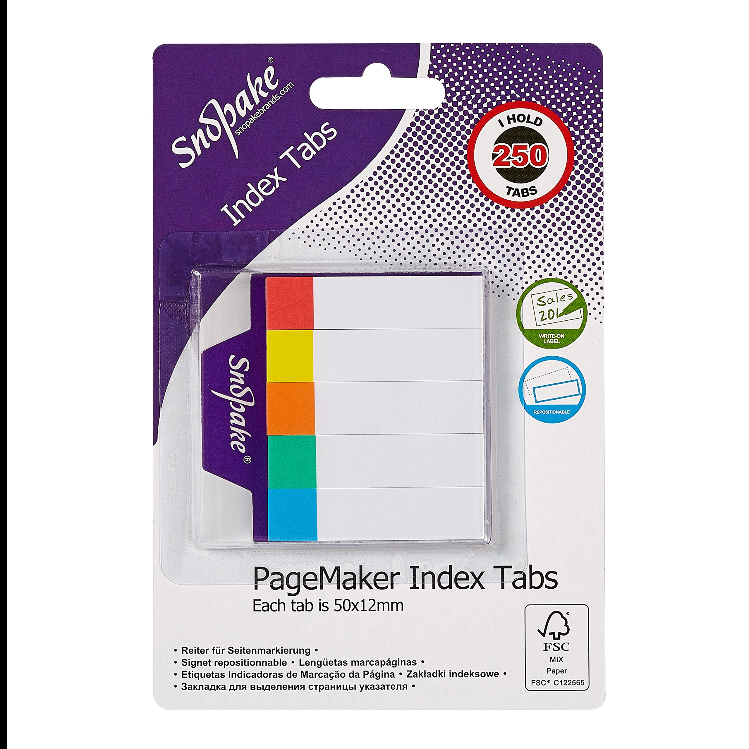 Snopake Index Tab PageMarkers 50 x 12 mm - 250 Tabs - White with Assorted Tips [Pack of 12] Ref: 13150