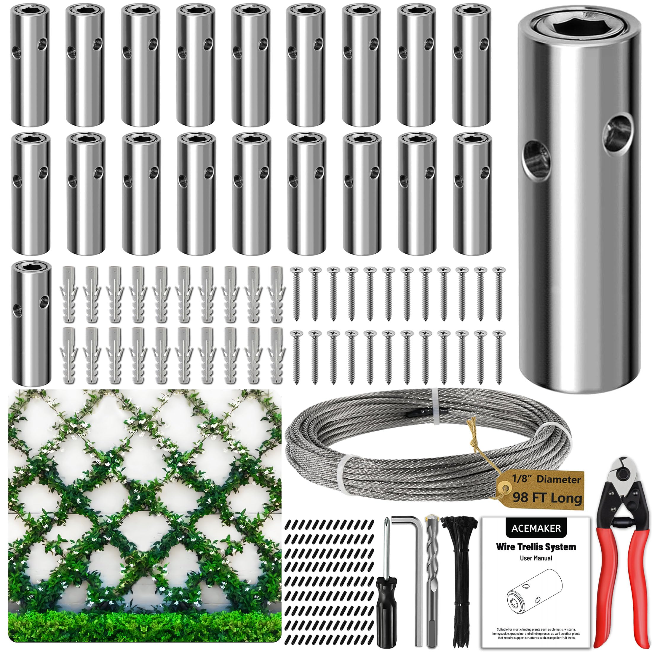 Photo 1 of Acemaker Wire Trellis for Climbing Plants Outdoor, 20-Set Wall Wire Trellis Kit with 1/8in x 98ft Stainless Steel Cable & Cutter, T316 Cylindrical Espalier System for Fence and Garden DIY Projects