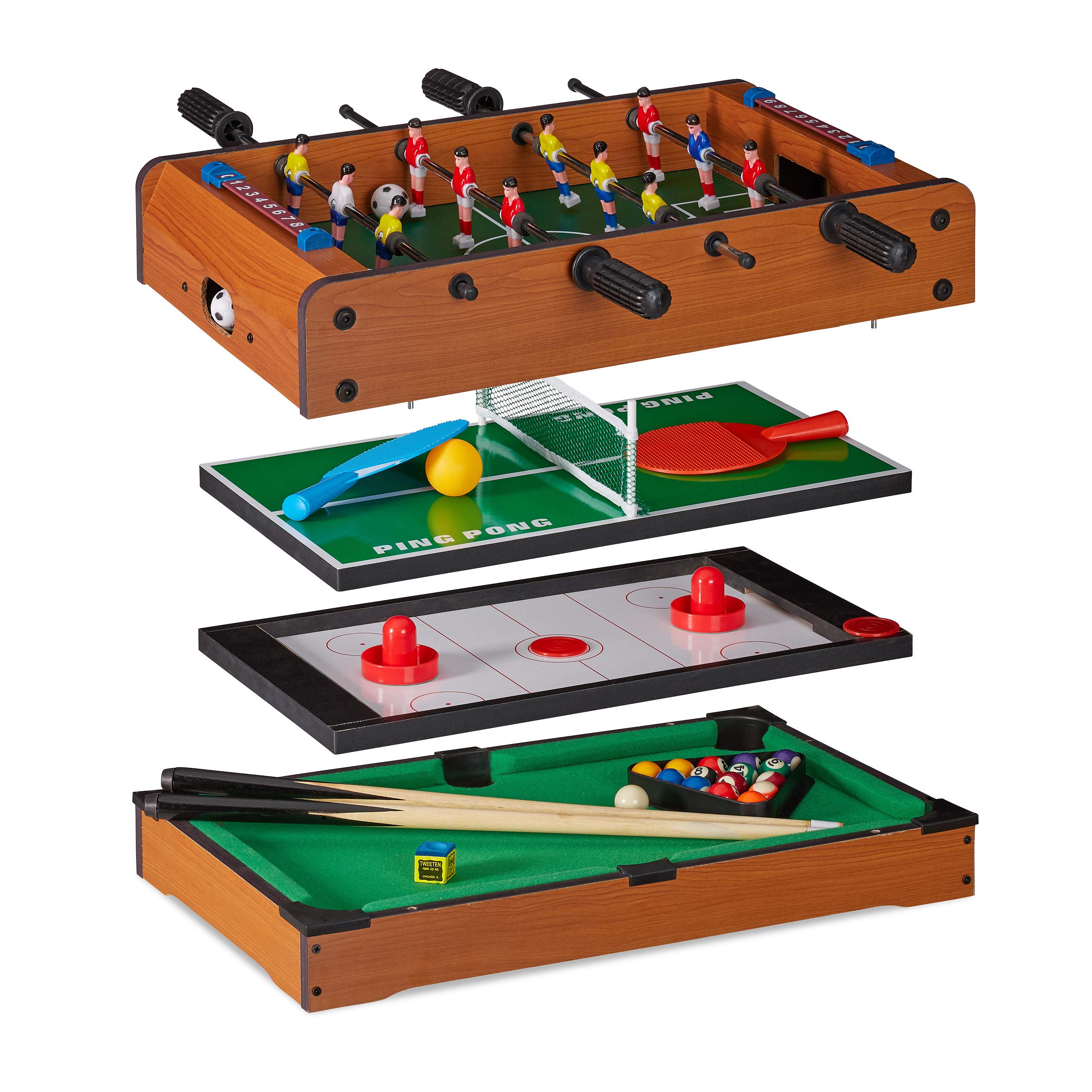 Relaxdays Combo Games Table, 4 In 1, Foosball, Billiard, Table Tennis, for Adults & Kids, Multi Games Table, Brown