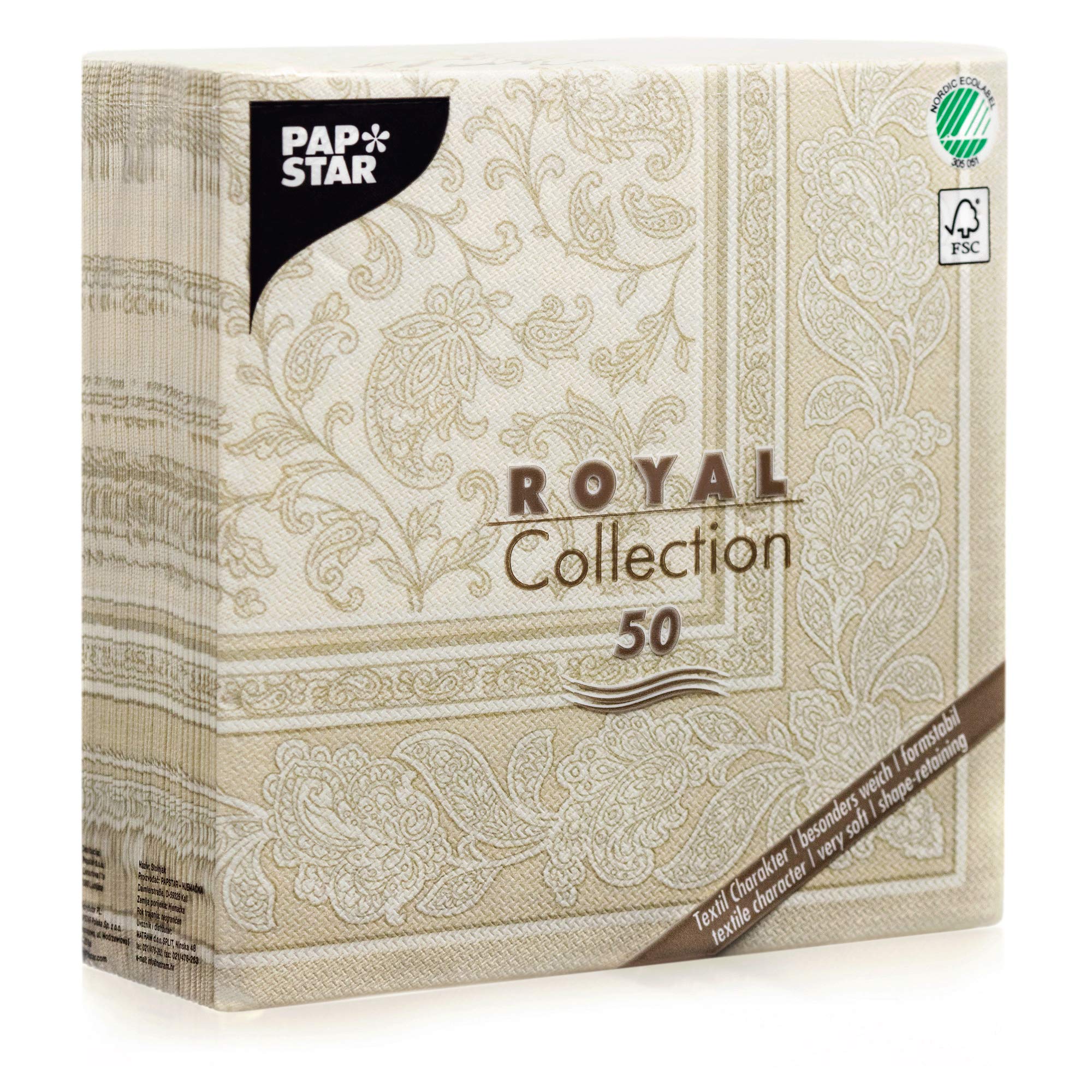 Papstar 11681 50 Serviettes ROYAL Collection 1/4 Fold 40 x 40 cm, Ornaments, Champagne