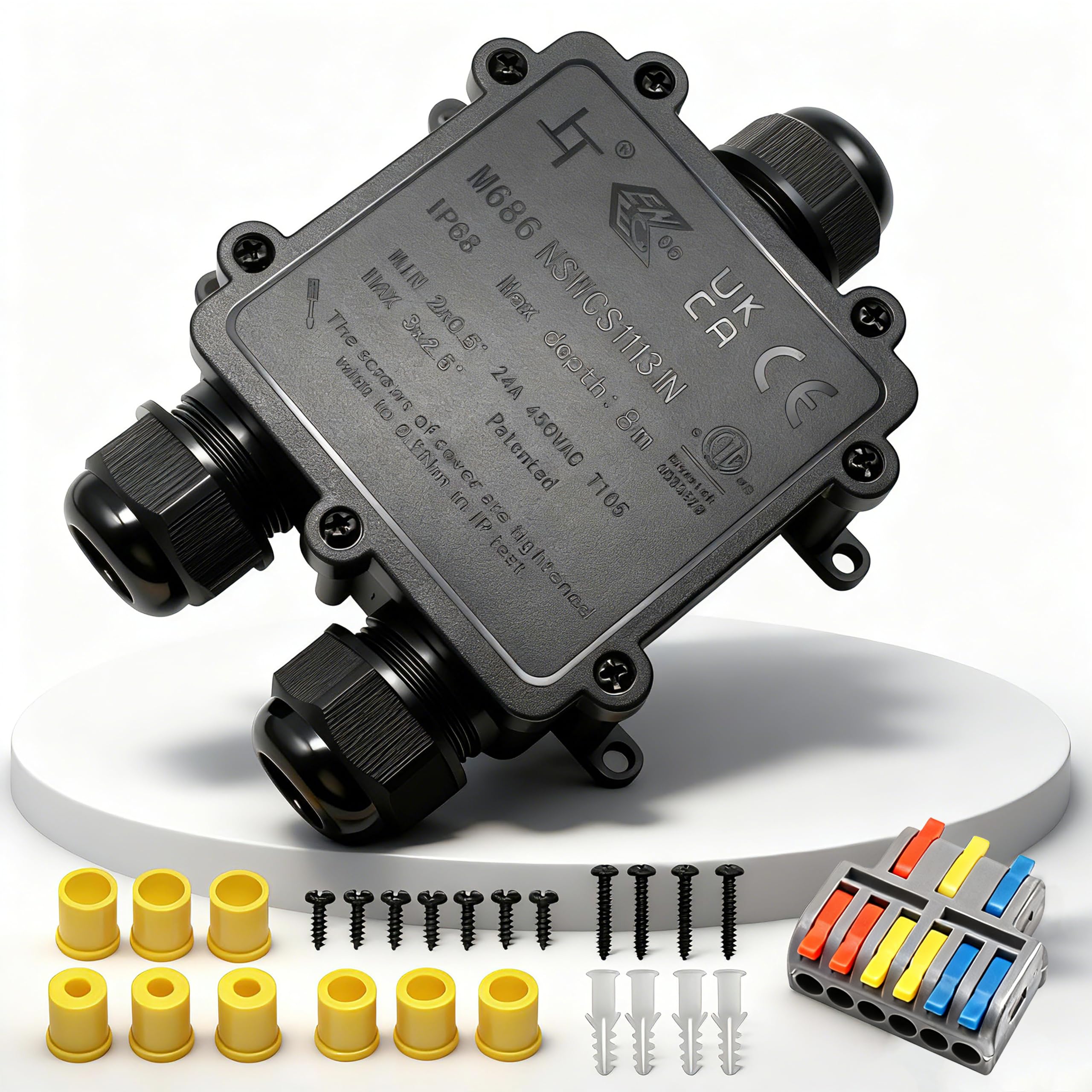 IP68 Waterproof Junction Box, HUYU 3-Way Outdoor Cable Connectors with 3 Cable M25 Gland Wire Connector Electrical Junction Box for 4-14MM Diameter Cable, 3-IN/ 6-OUT Quick Terminal, Black