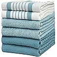 Premium Kitchen Towels 20”x 28”- 6 Pack| Large Cotton Kitchen Towels | Hand Towels for Kitchen | Flat & Terry Towel | Dish Towels | Highly Absorbent Tea Towels Set with Hanging Loop | Aqua Striped