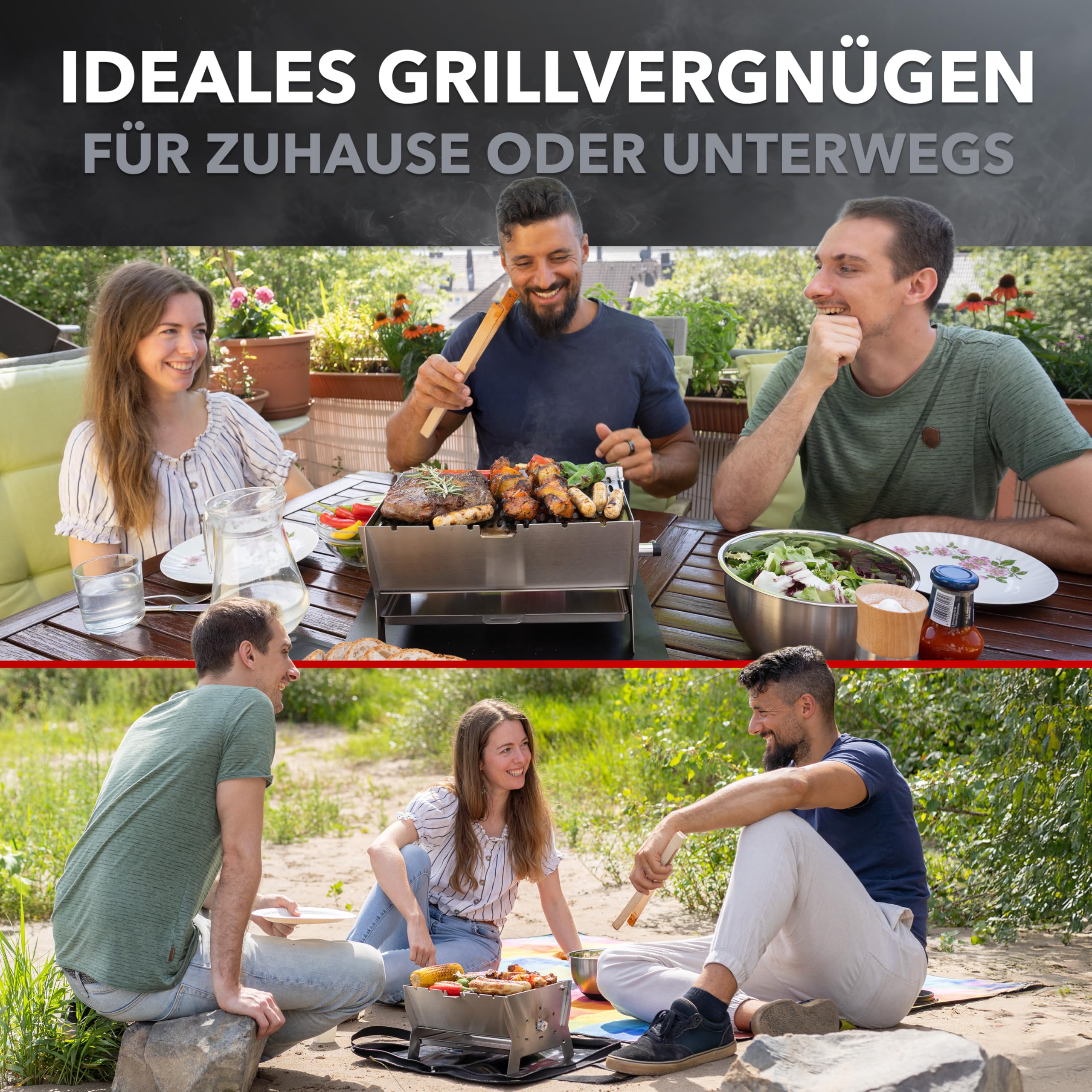 ovicue Grill | Mobiler Steck-Gasgrill – Tragbarer Edelstahlgrill mit Stecksystem – Gas- & Holzkohlebetrieb – Inkl. Tragetasche – Perfekt für Camping, Balkon, Garten & Outdoor - Camping Grill 2