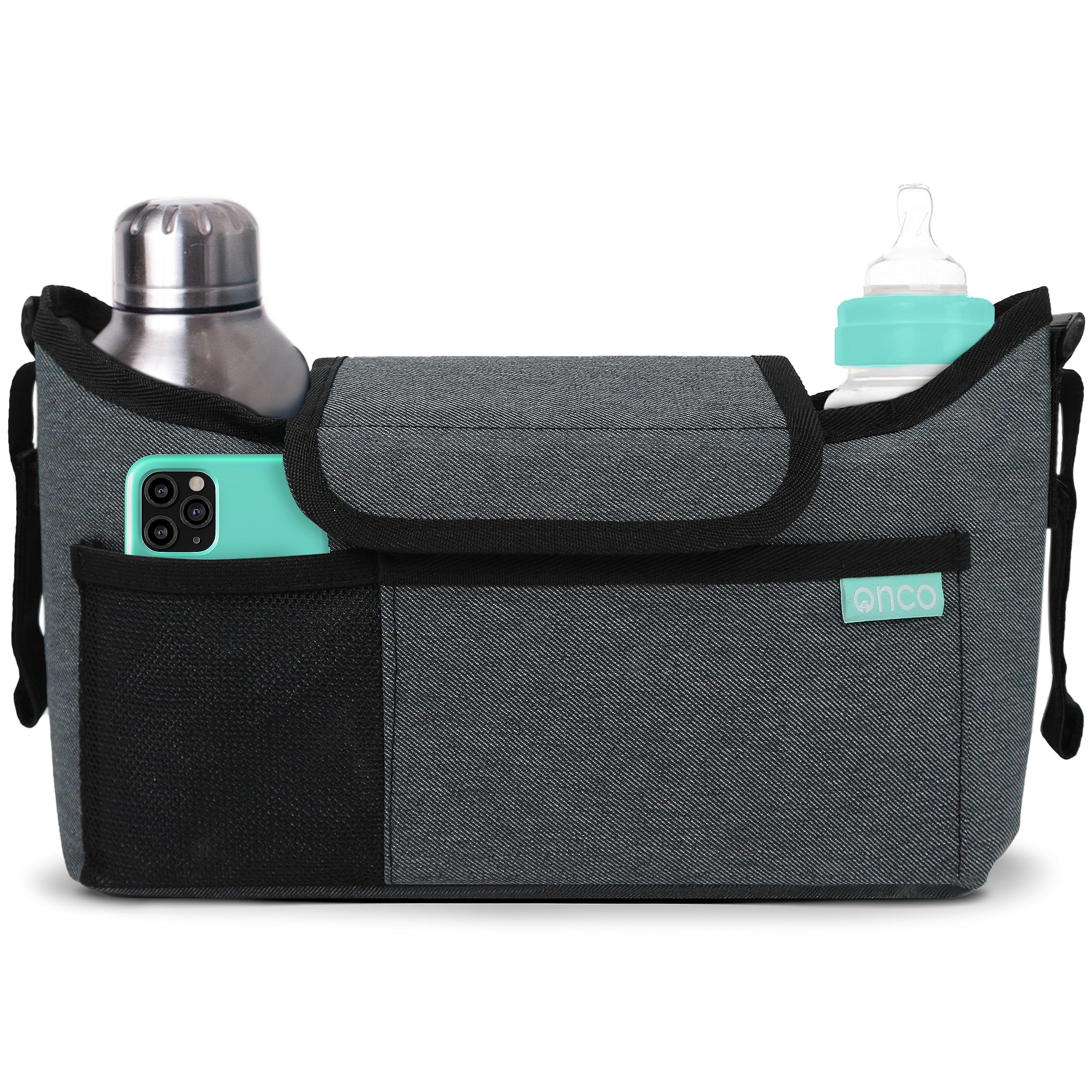 Onco Universal Pram Organiser Bag With Cup Holder & Phone Pocket - Multifunctional Buggy Organiser, Must-Have Accessories for Pushchair & Stroller