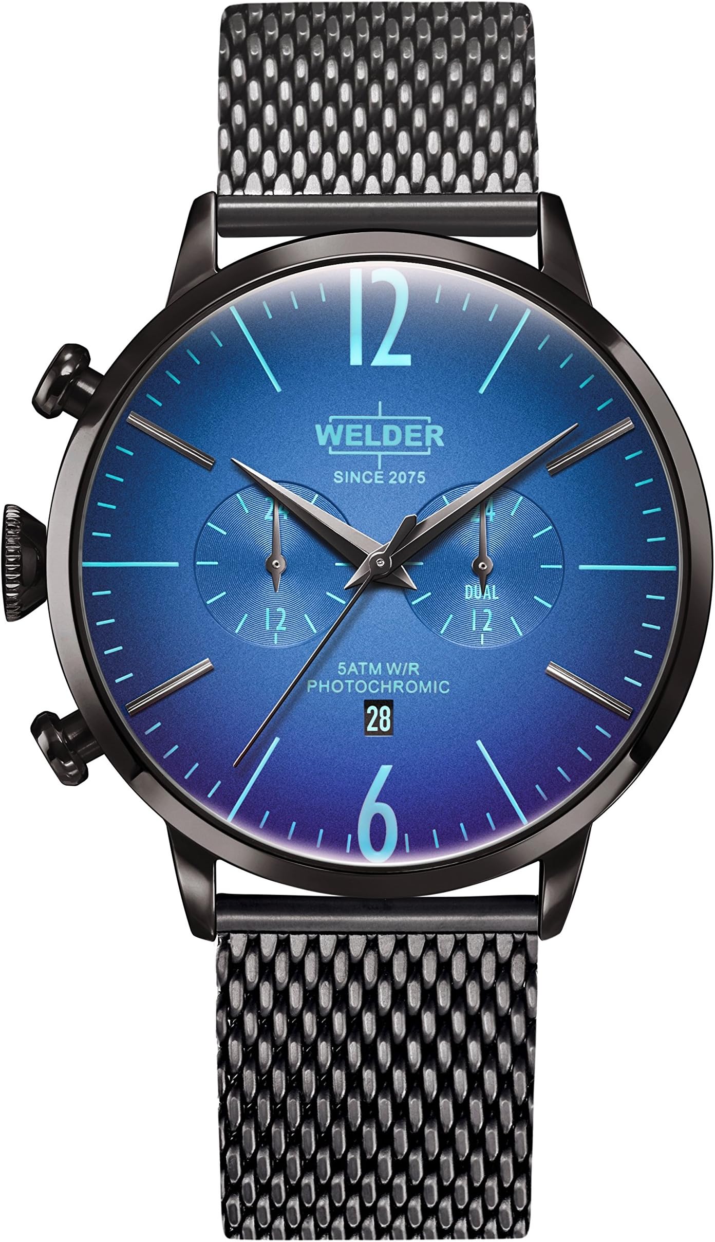 Moody Stainless Steel Gunmetal Mesh Dual Time Watch with Date 45mm