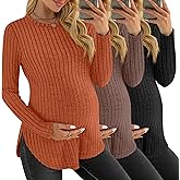 JoyMotion 3 Pack Women's Maternity Shirts, Ribbed Long Sleeve Pregnancy Sweaters Curved Hem Split Side Crew Neck Tunic Tops